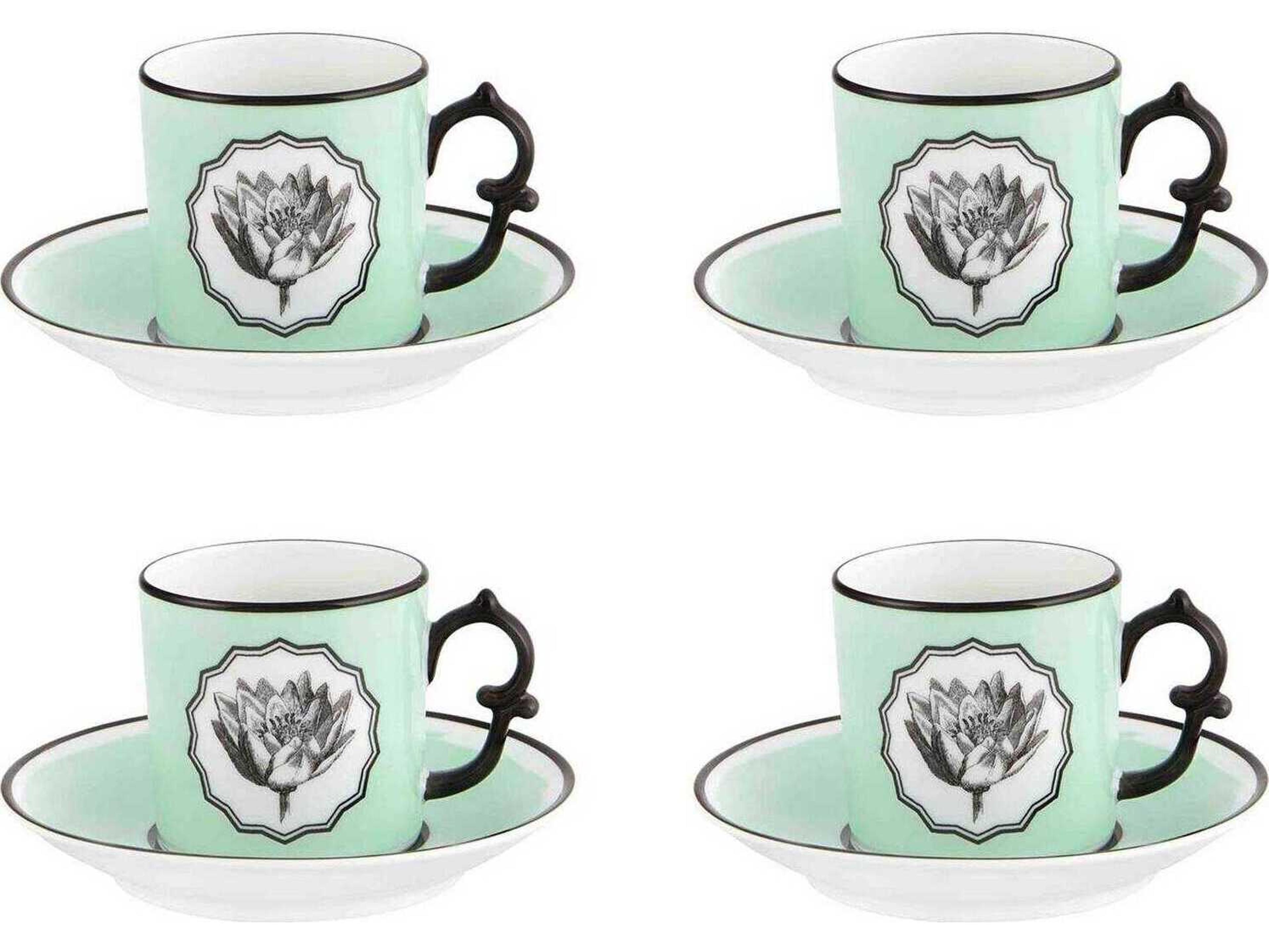 Vista Alegre Lacroix Herbariae Green Coffee Cup and Saucer Set of 4