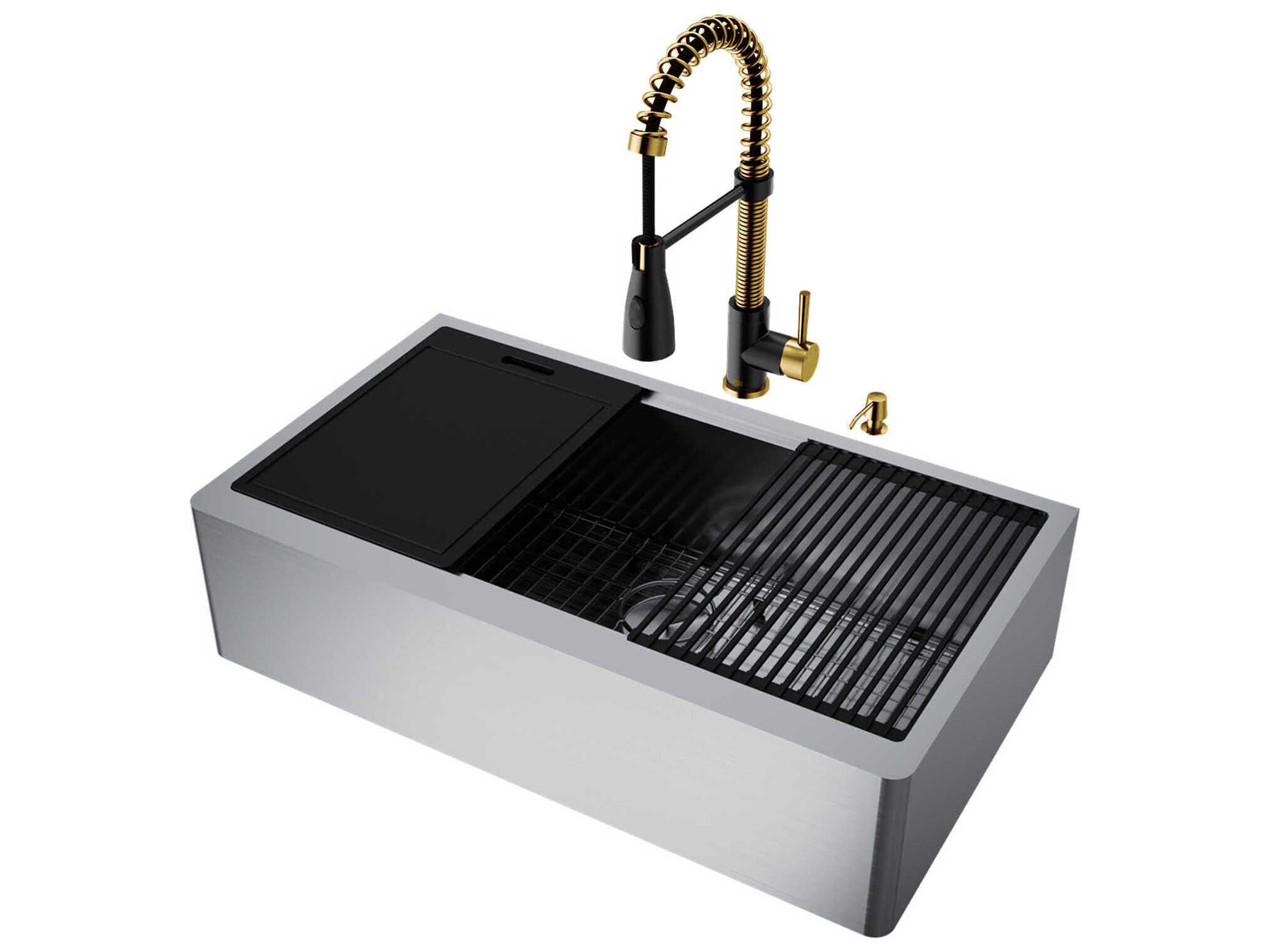 Vigo Oxford Stainless Steel 36" Rectangular Farmhouse Kitchen Sink with Matte Gold / Matte Black Brant Faucet