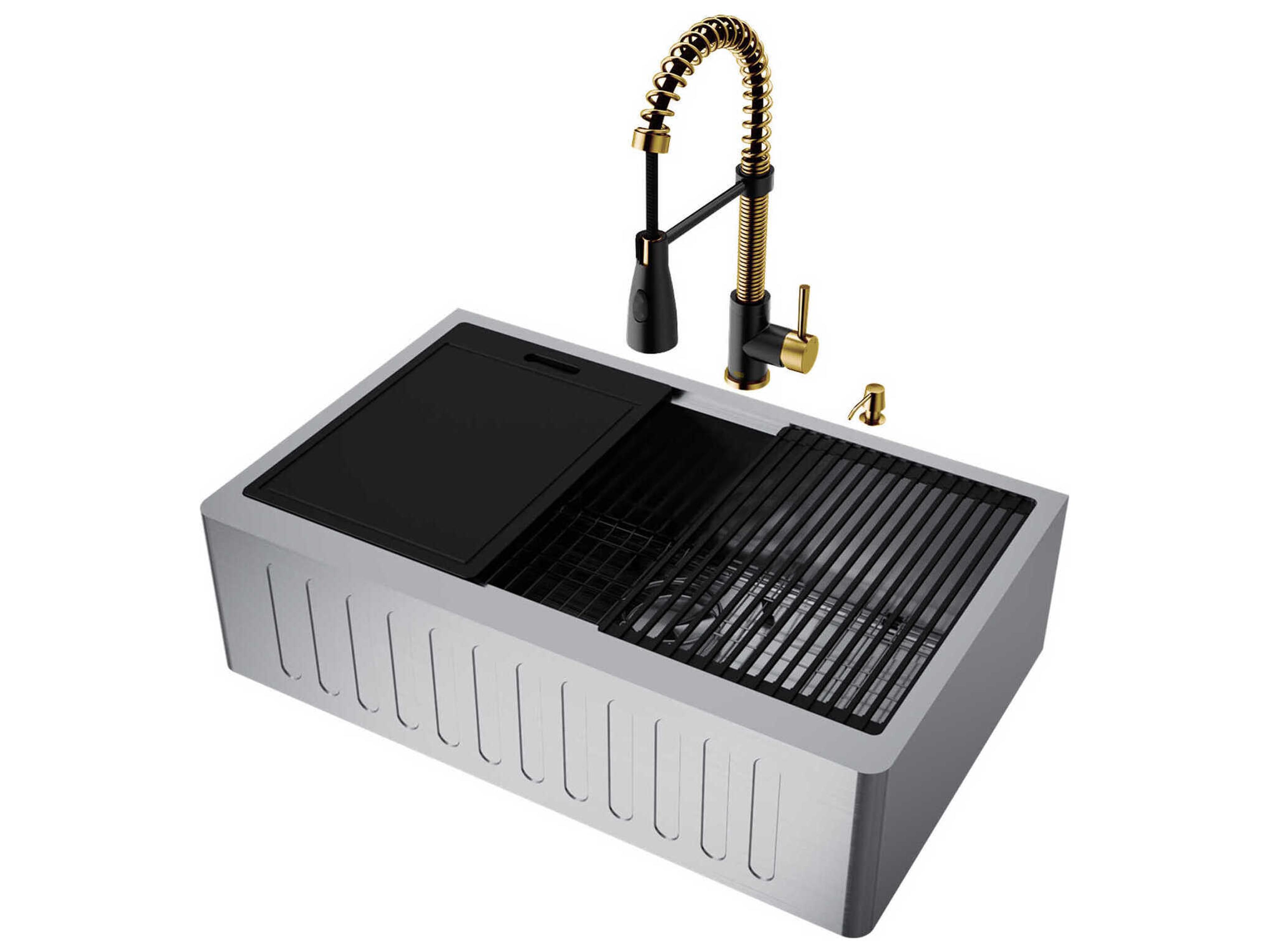 Vigo Oxford Stainless Steel 33" Rectangular Single-Bowl Farmhouse Kitchen Sink with Matte Gold / Matte Black Brant Faucet