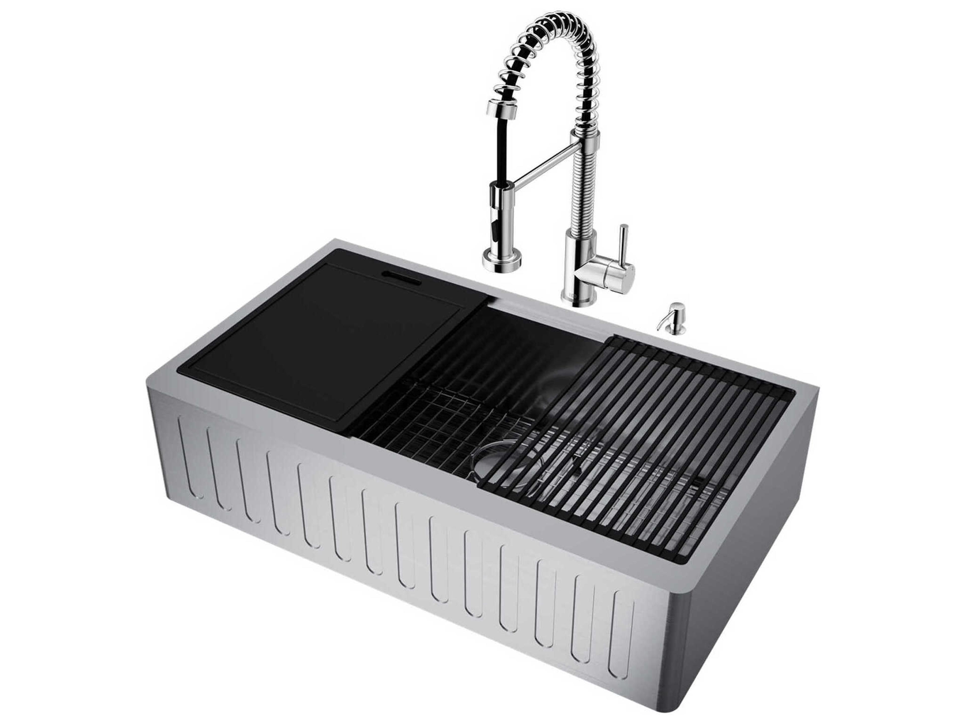 Vigo Oxford Stainless Steel 36" Rectangular Single-Bowl Undermount Slotted-Front Farmhouse Kitchen Sink with Chrome Pull-Down Sprayer Edison Kitchen Faucet and Soap Dispenser