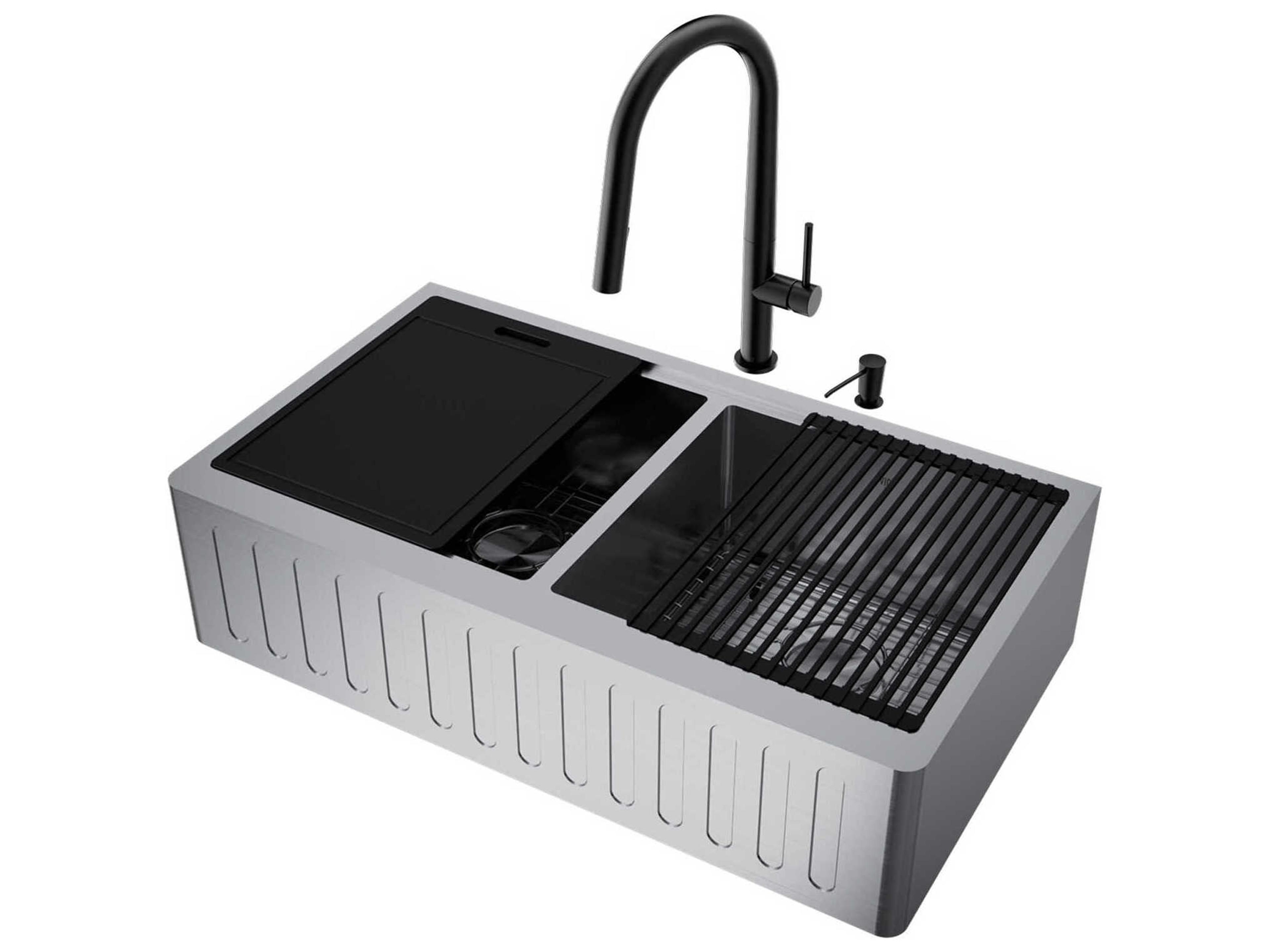 Vigo Oxford Stainless Steel 36" Rectangular Double-Bowl Undermount Slotted-Front Farmhouse Kitchen Sink with Matte Black Pull-Down Sprayer Greenwich Faucet and Soap Dispenser