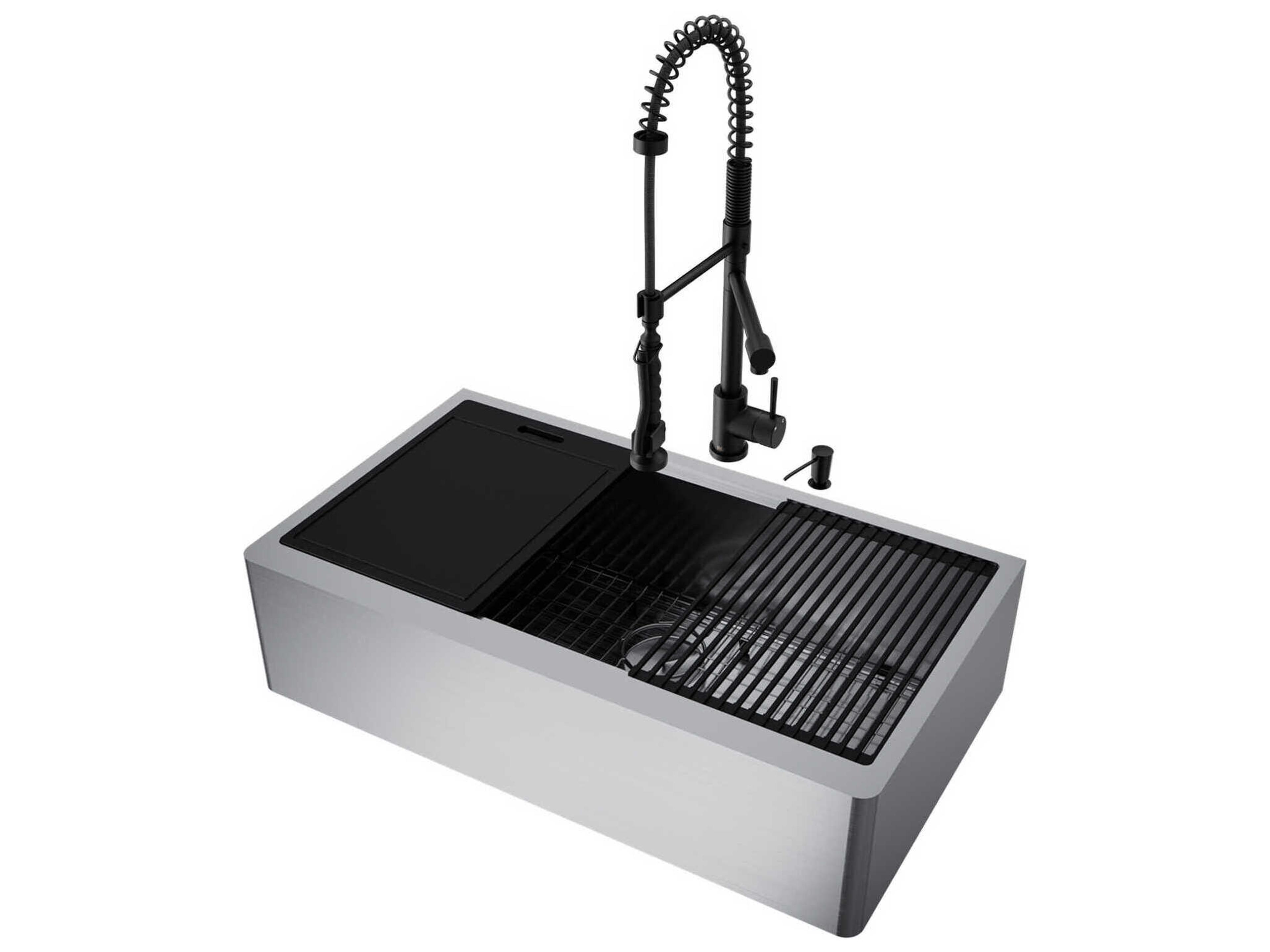 Vigo Oxford Stainless Steel 36" Rectangular Single-Bowl Undermount Flat-Front Farmhouse Kitchen Sink with Matte Black Pull-Down Sprayer Zurich Faucet and Soap Dispenser