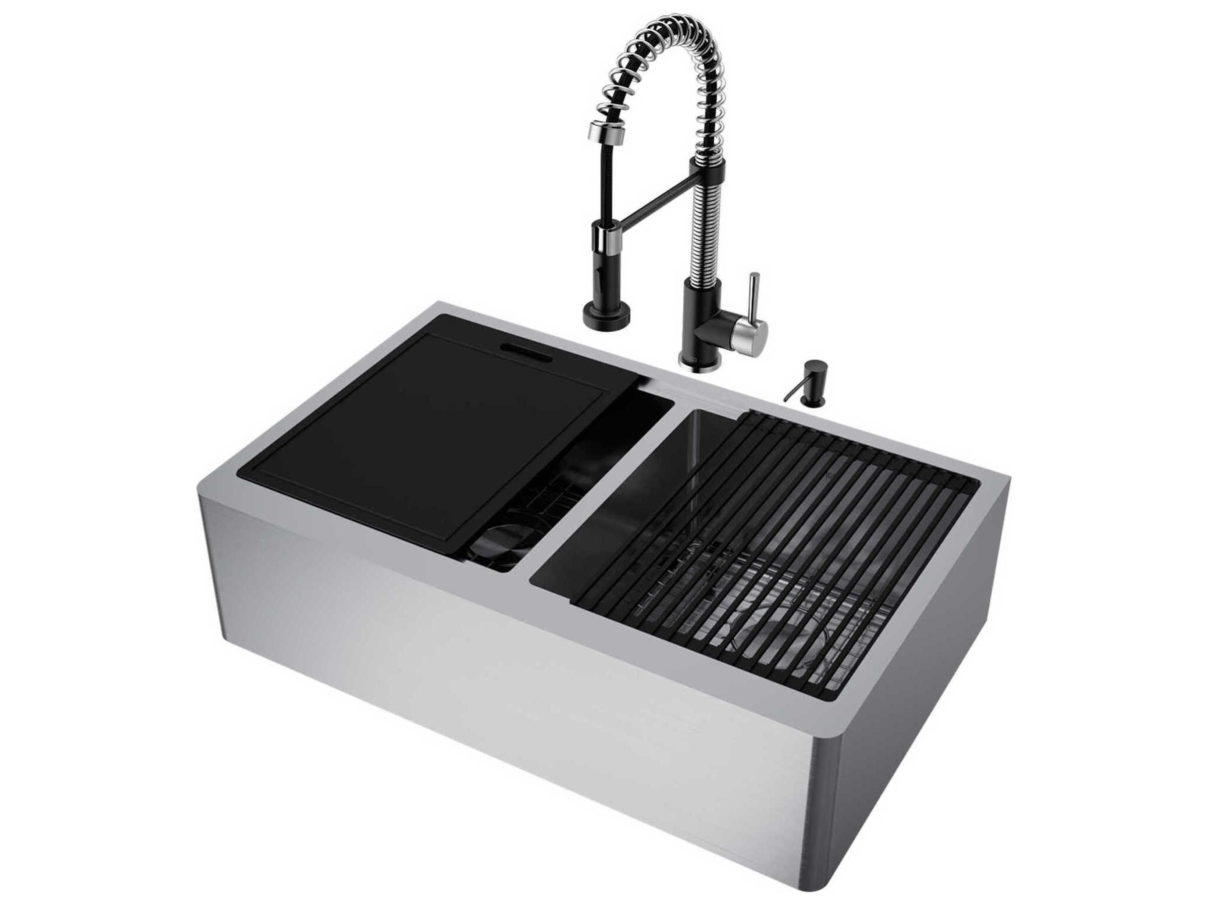 Vigo Oxford Stainless Steel 33" Rectangular Double-Bowl Undermount Flat-Front Farmhouse Kitchen Sink with Matte Black Pull-Down Sprayer Edison Faucet and Soap Dispenser