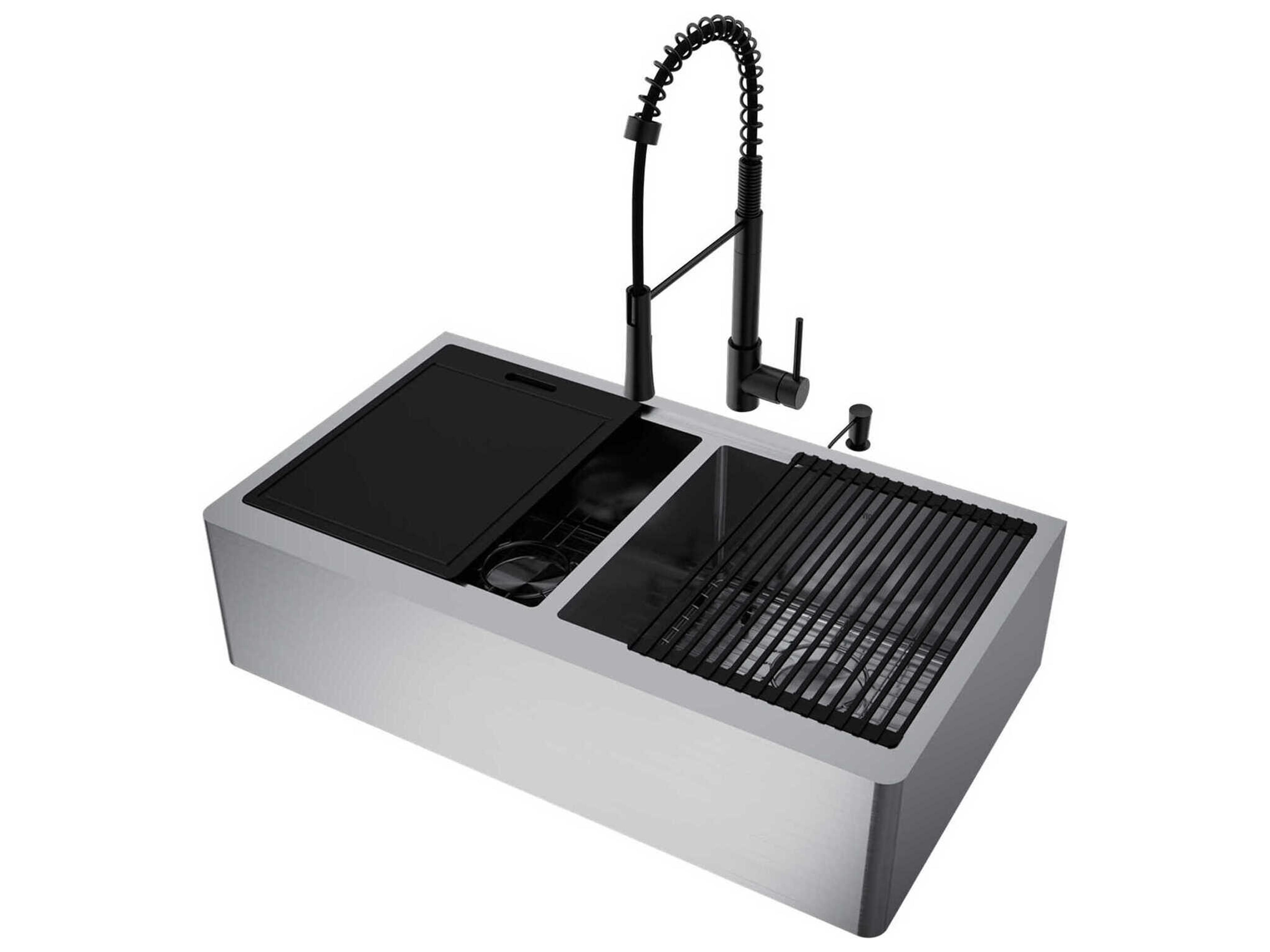 Vigo Oxford Stainless Steel 36" Rectangular Double-Bowl Undermount Flat-Front Farmhouse Kitchen Sink with Matte Black Pull-Down Sprayer Laurelton Faucet, Soap Dispenser and Grid