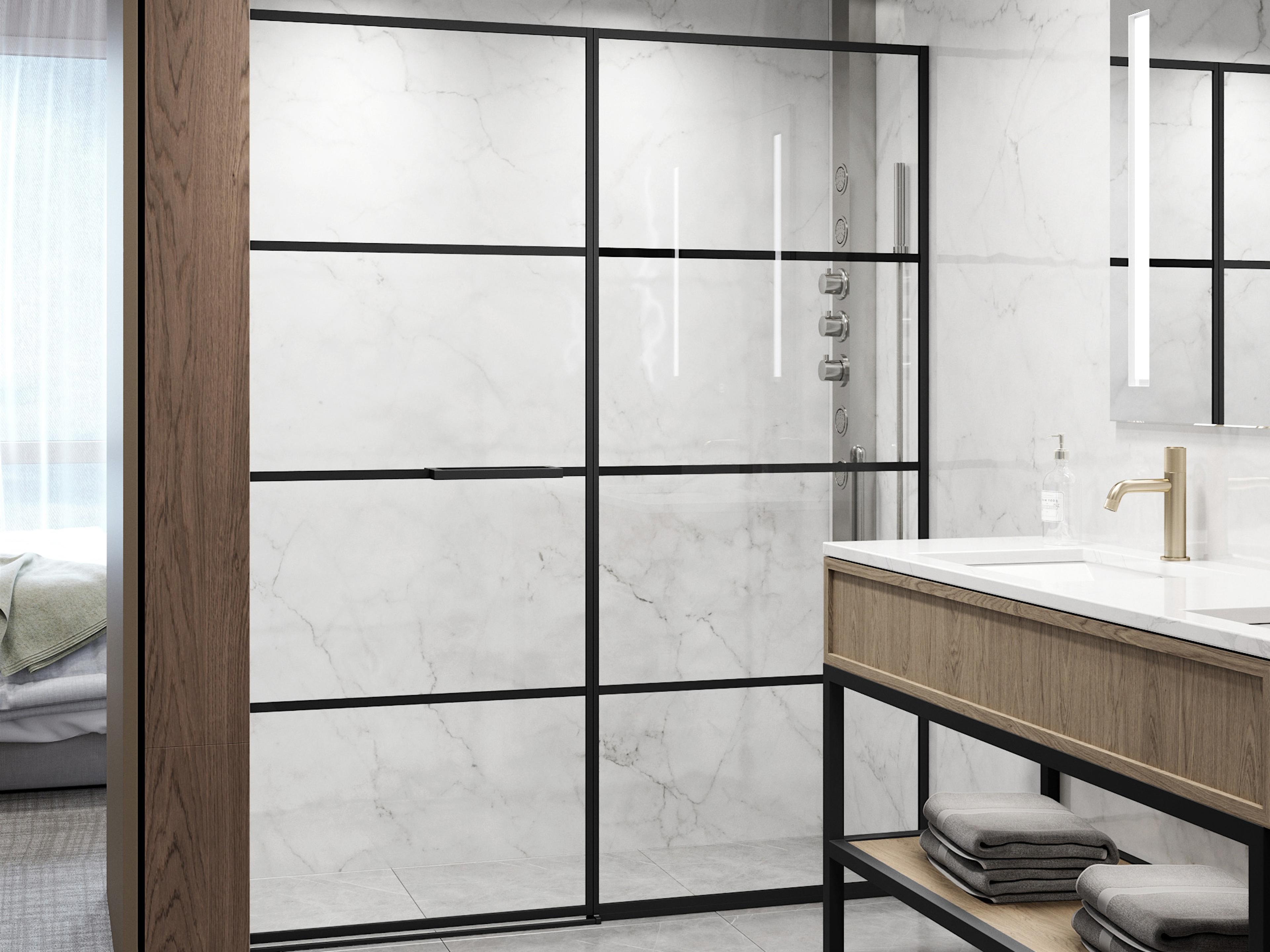 Meridian Clear Grid Glass Matte Black Hinged Shower Door