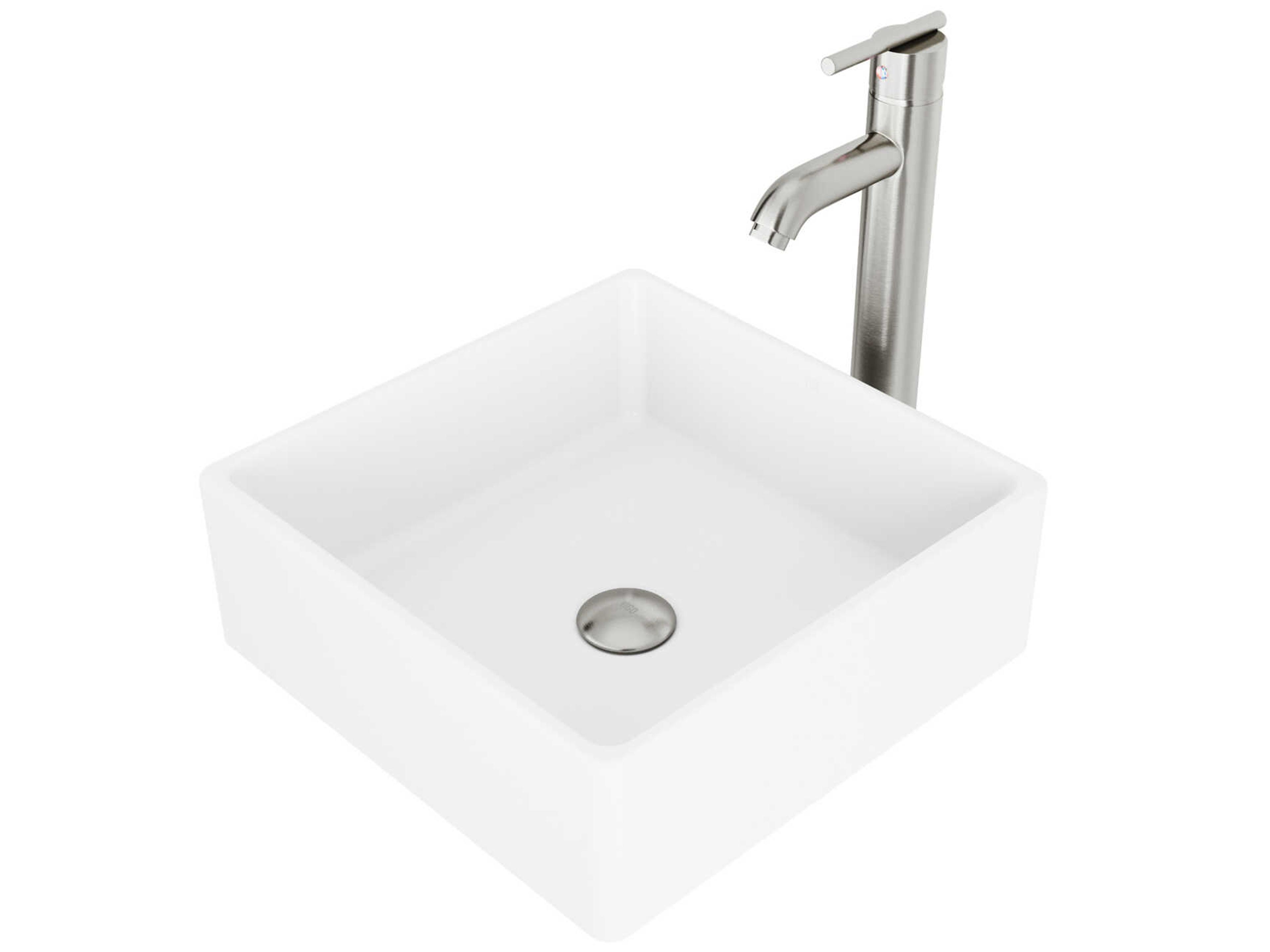 Vigo Dianthus Matte White 15" Square Vessel Bathroom Sink with Brushed Nickel 1-Lever Seville Faucet and Drain