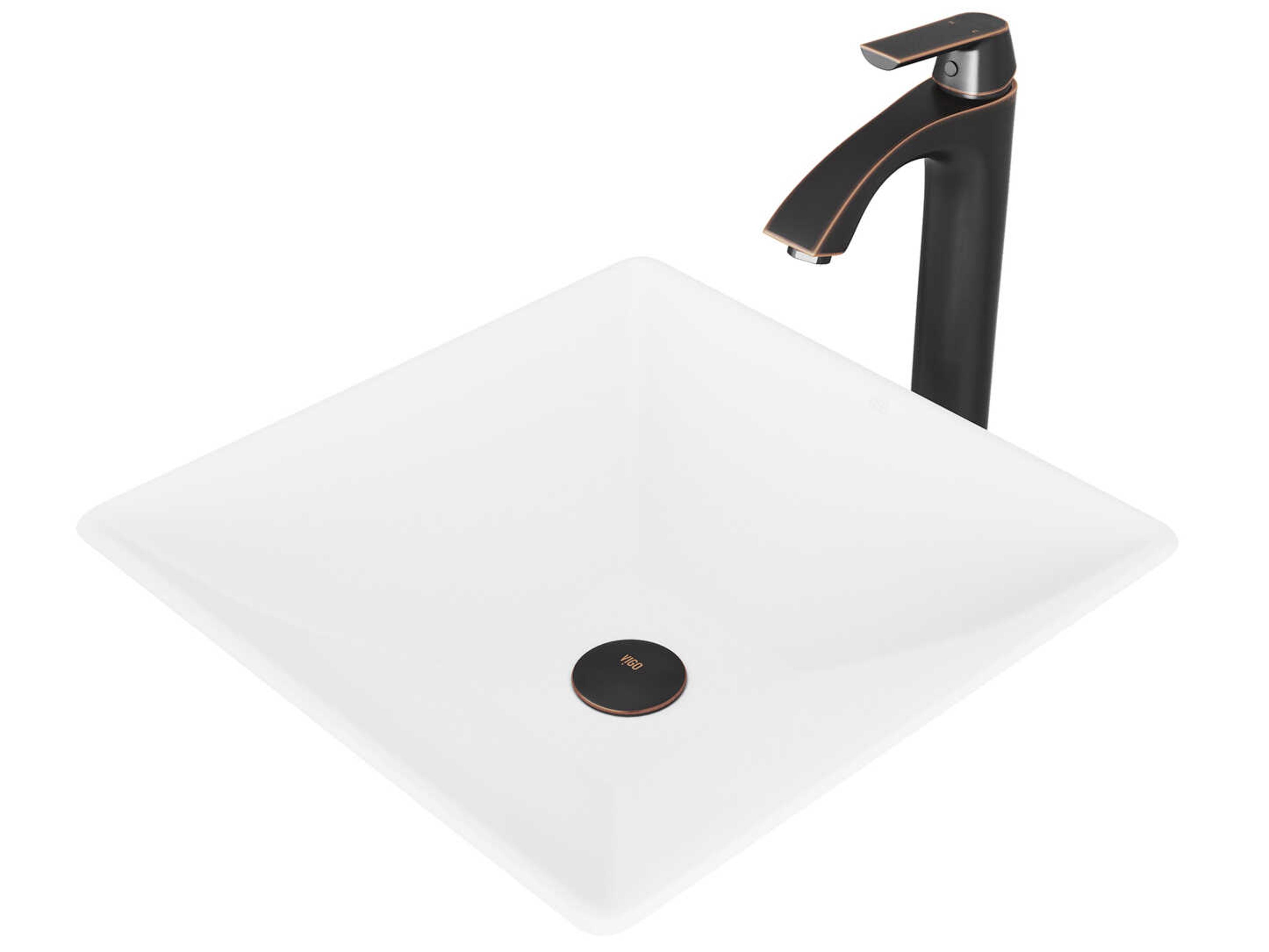 Vigo Hibiscus Matte White 16" Square Vessel Bathroom Sink with Antique Rubbed Bronze 1-Lever Linus Faucet and Drain