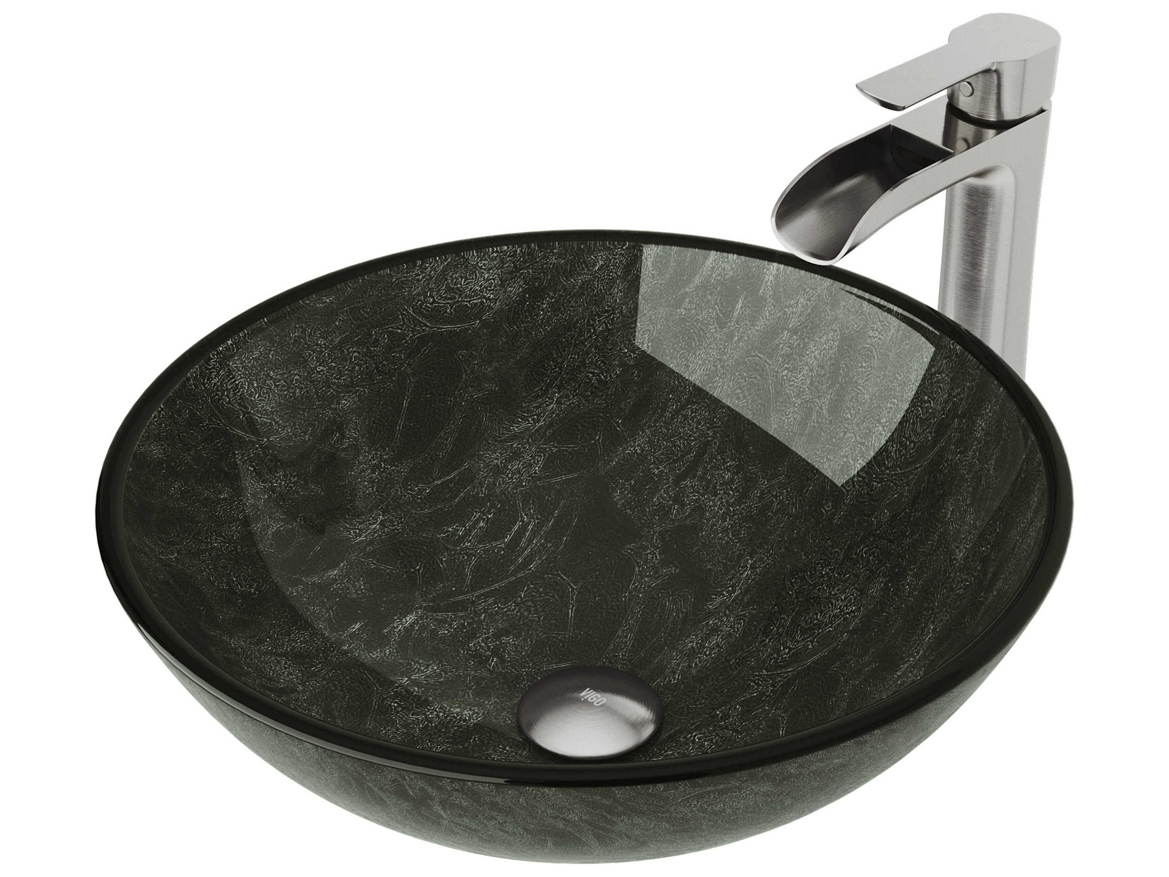 Onyx Gray 17" Round Vessel Bathroom Sink with Brushed Nickel 1-Lever Niko Faucet and Drain