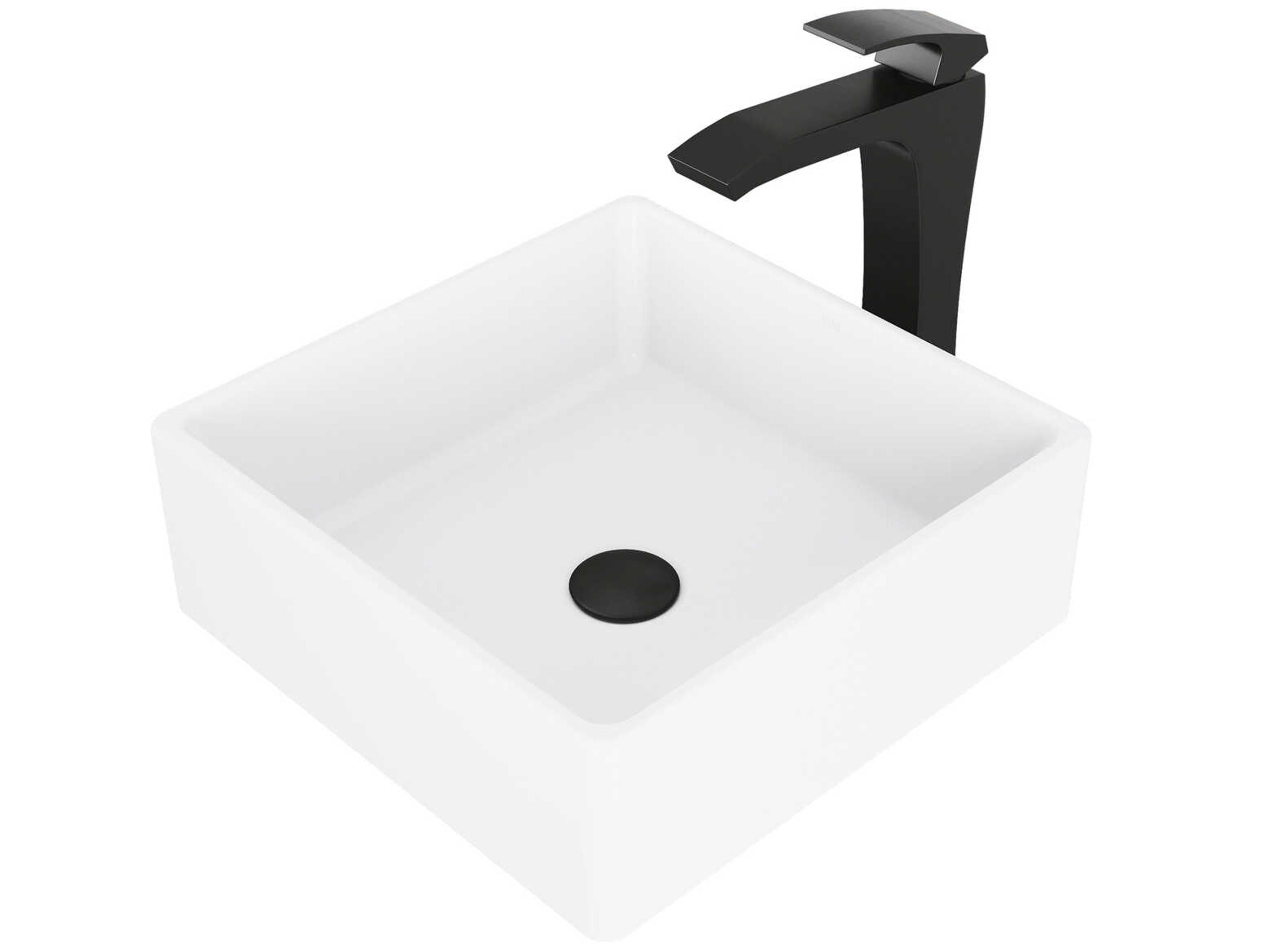 Vigo Dianthus Matte White 15" Square Vessel Bathroom Sink with Matte Black 1-Lever Blackstonian Faucet and Drain