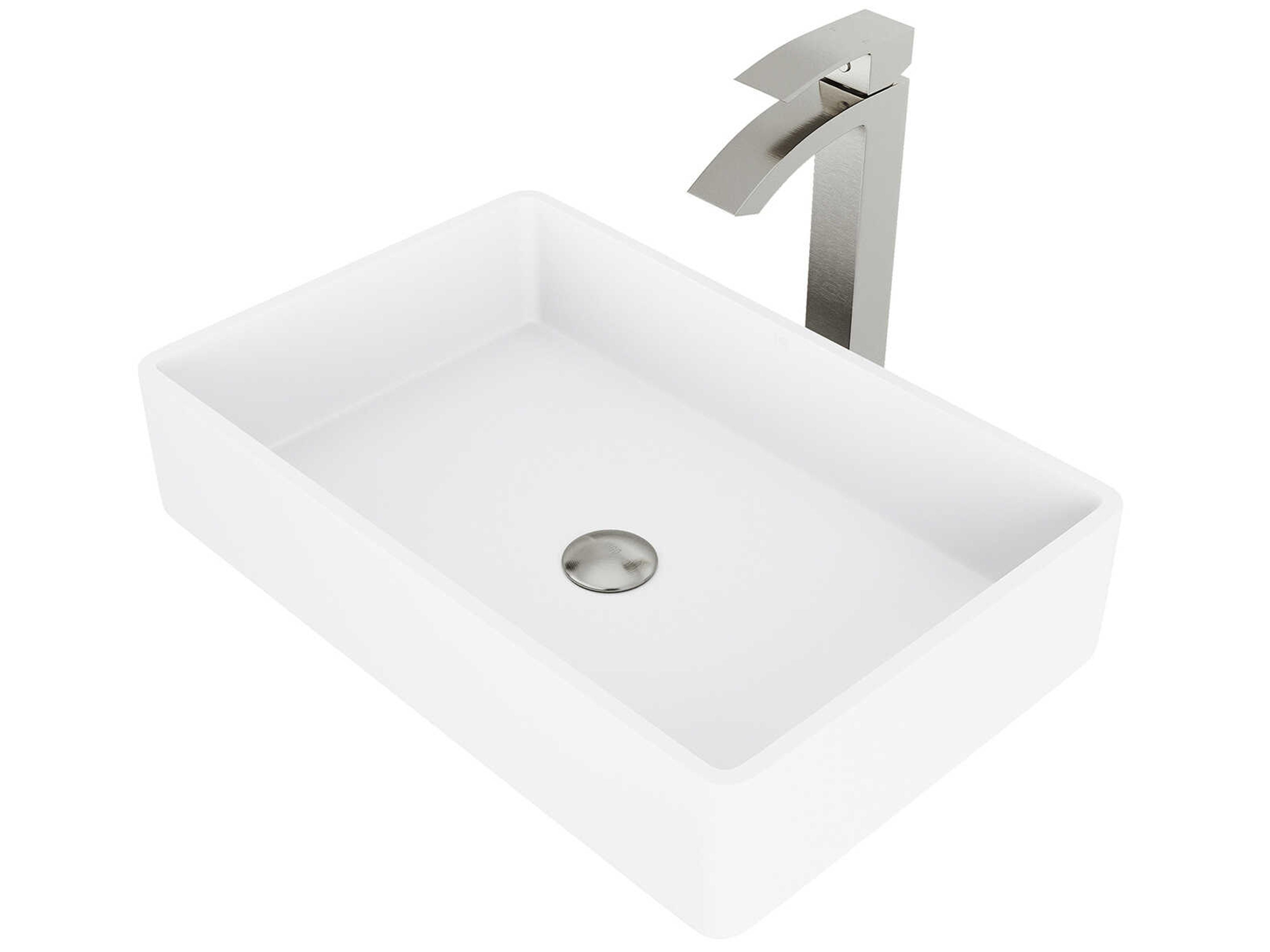 Vigo Magnolia Matte White 21" Rectangular Vessel Bathroom Sink with Brushed Nickel 1-Lever Duris Faucet and Drain