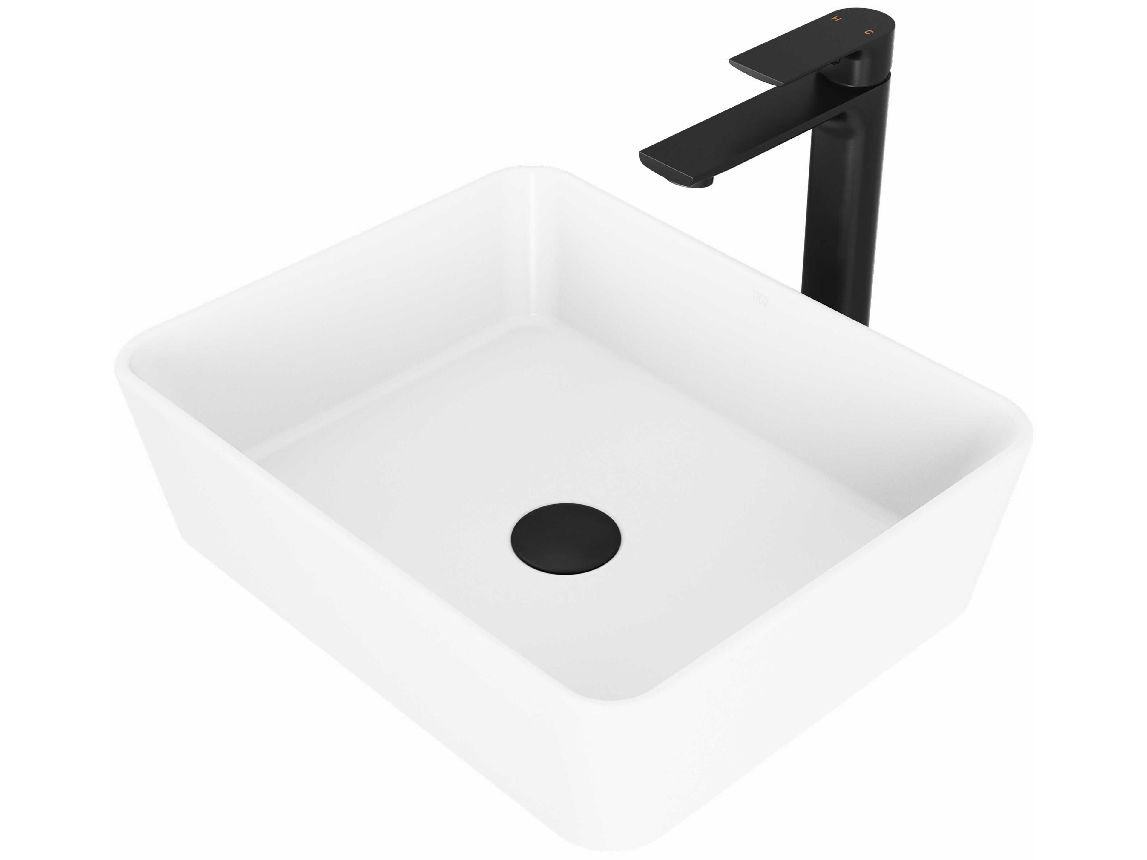 Vigo Marigold Matte White 18" Rectangular Vessel Bathroom Sink with Matte Black 1-Lever Norfolk Faucet and Drain