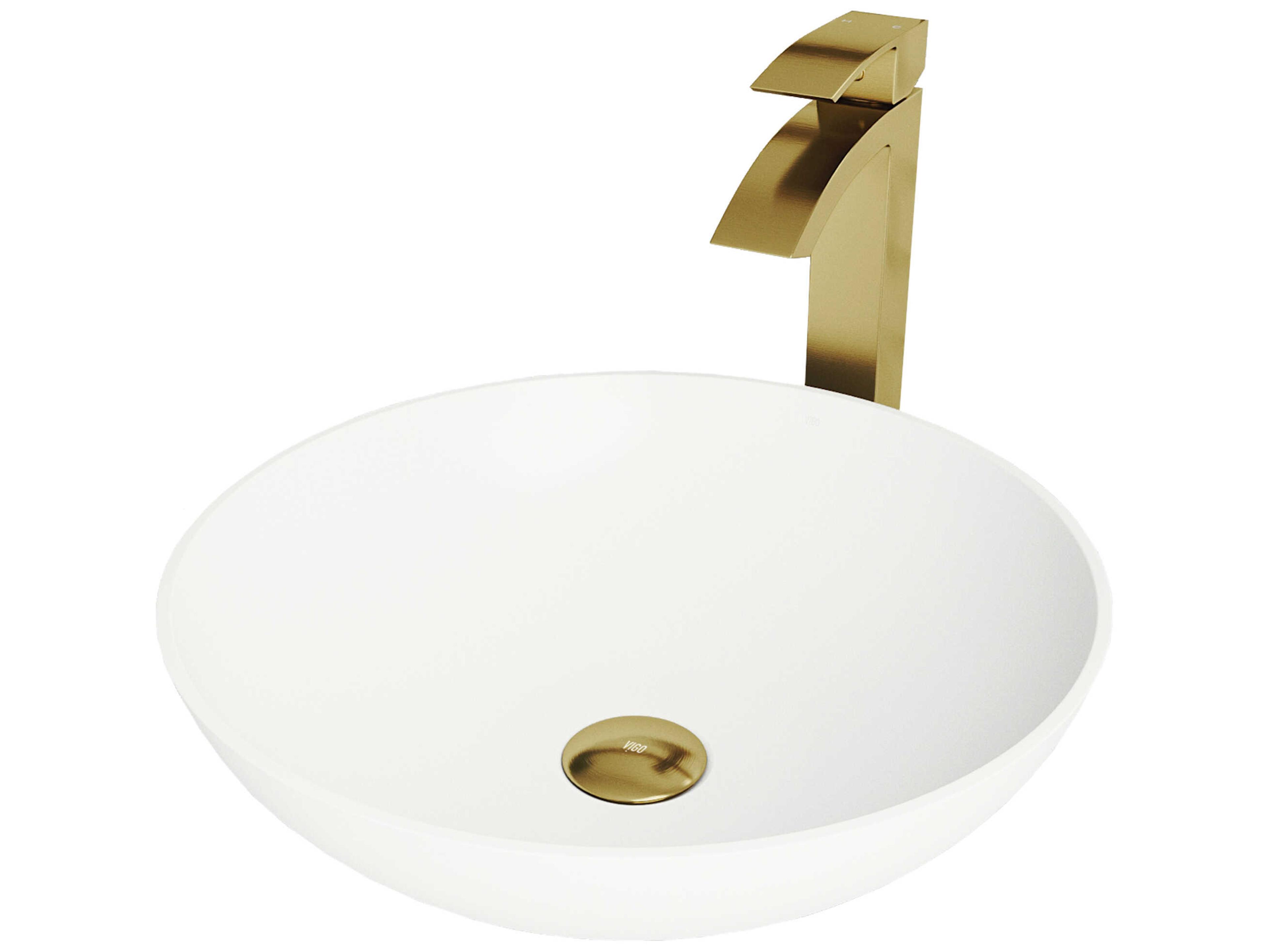 Vigo Lotus Matte White 16" Round Vessel Bathroom Sink with Matte Brushed Gold 1-Handle Duris Faucet and Pop-Up Drain