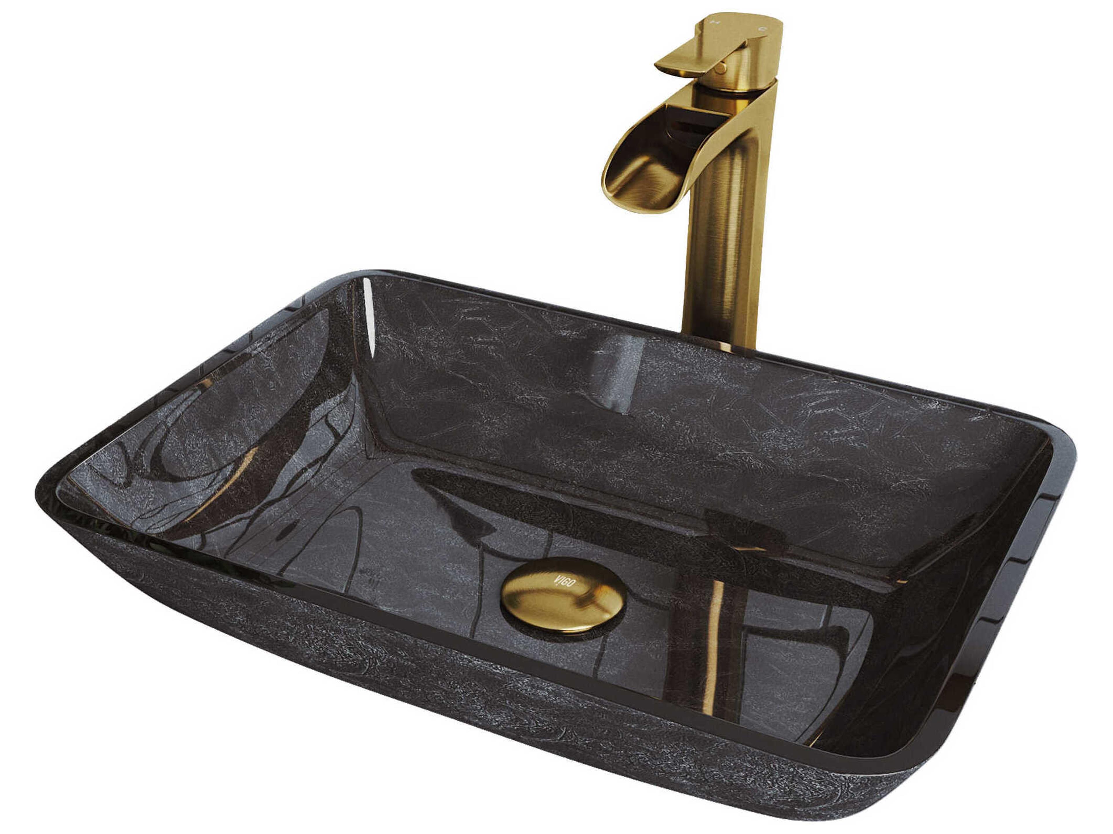 Vigo Onyx Gray 18" Rectangular Vessel Bathroom Sink with Matte Brushed Gold 1-Lever Niko Faucet and Pop-Up Drain