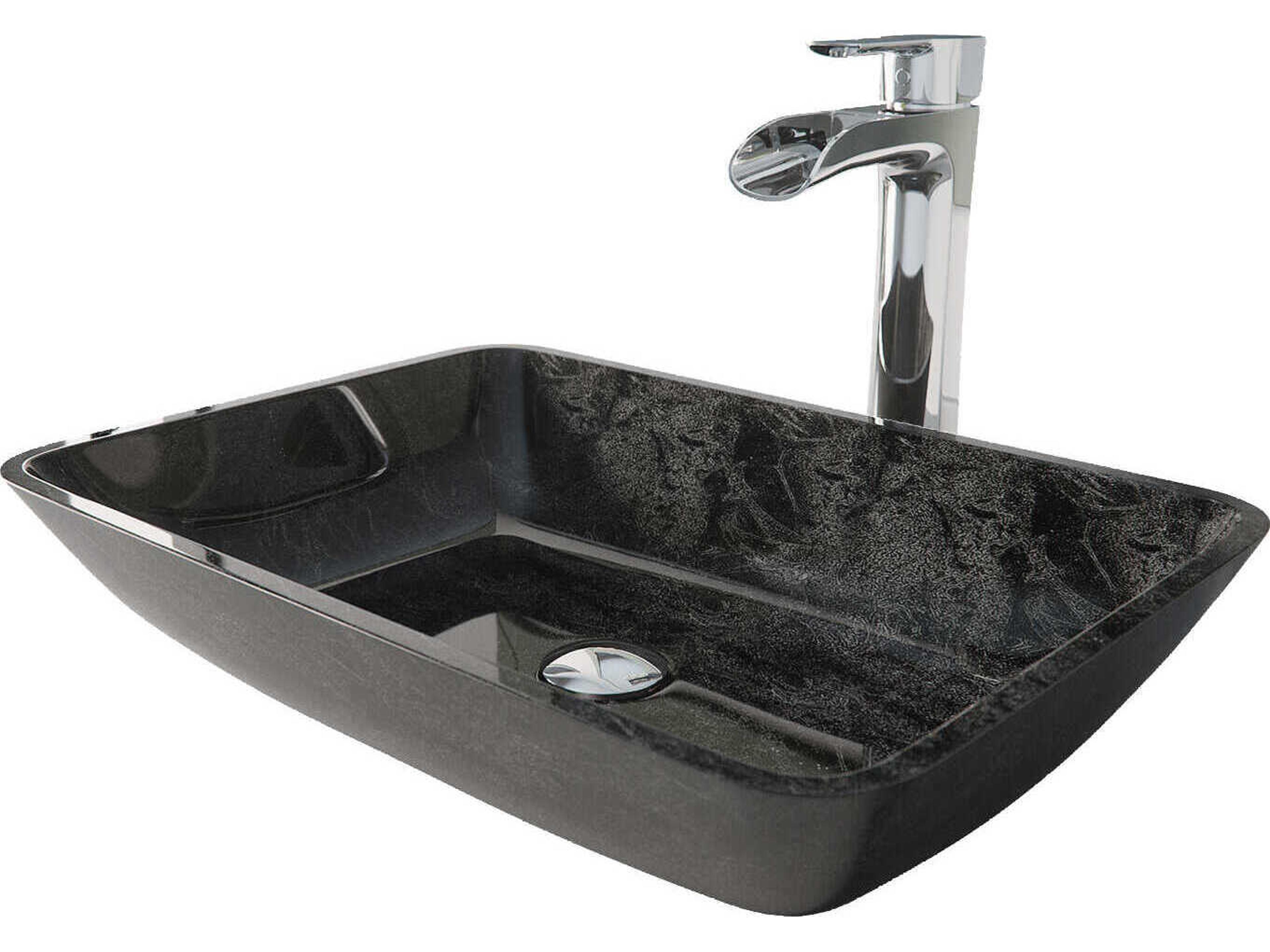 Vigo Onyx Gray 18" Rectangular Vessel Bathroom Sink Set with Chrome Niko 1-Lever Faucet and Drain
