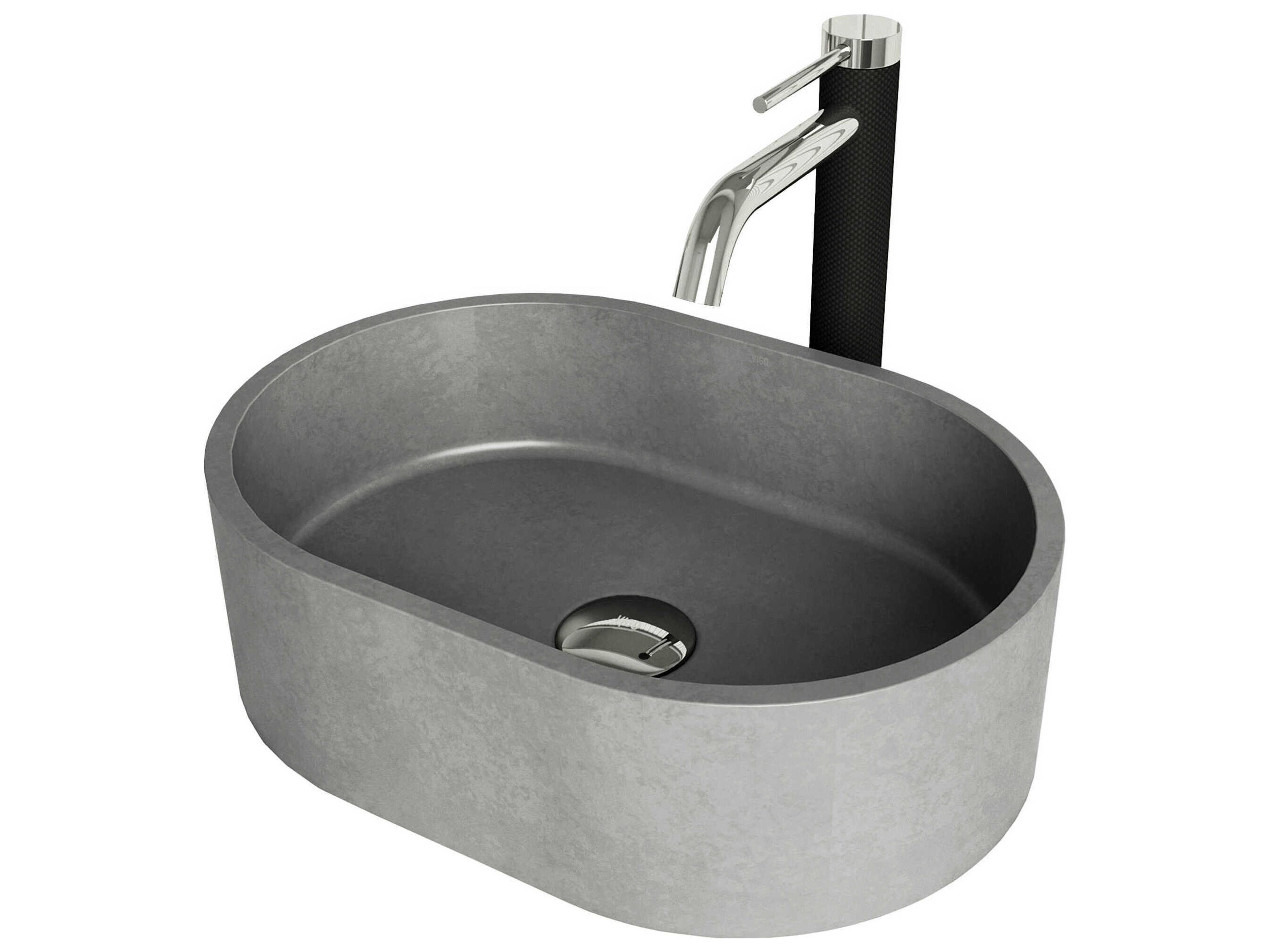 Concreto Stone Oval Vessel Bathroom Sink with Lexington Faucet and Pop-Up Drain