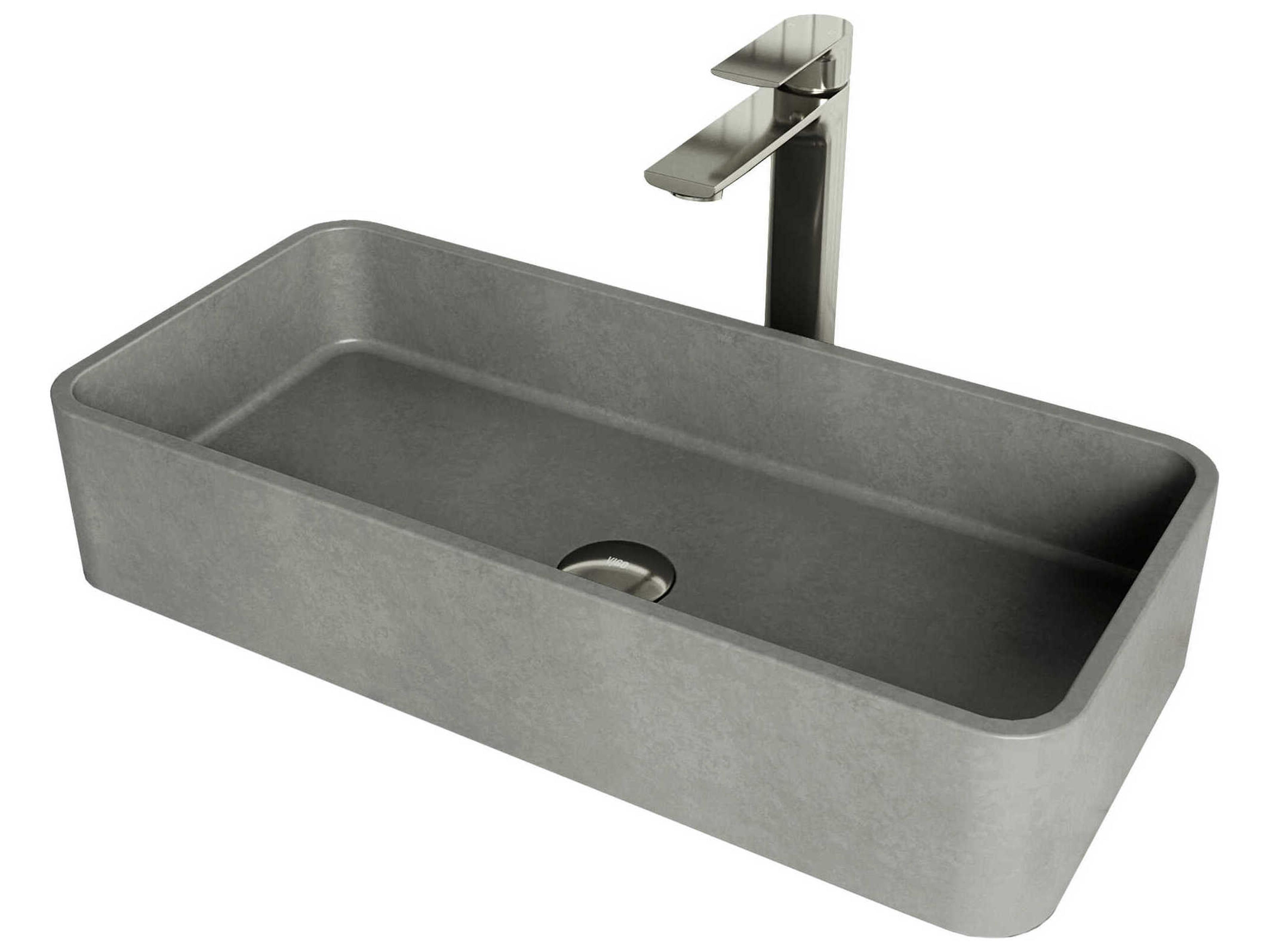 Concreto Stone Rectangular Vessel Bathroom Sink with Norfolk Faucet and Pop-Up Drain