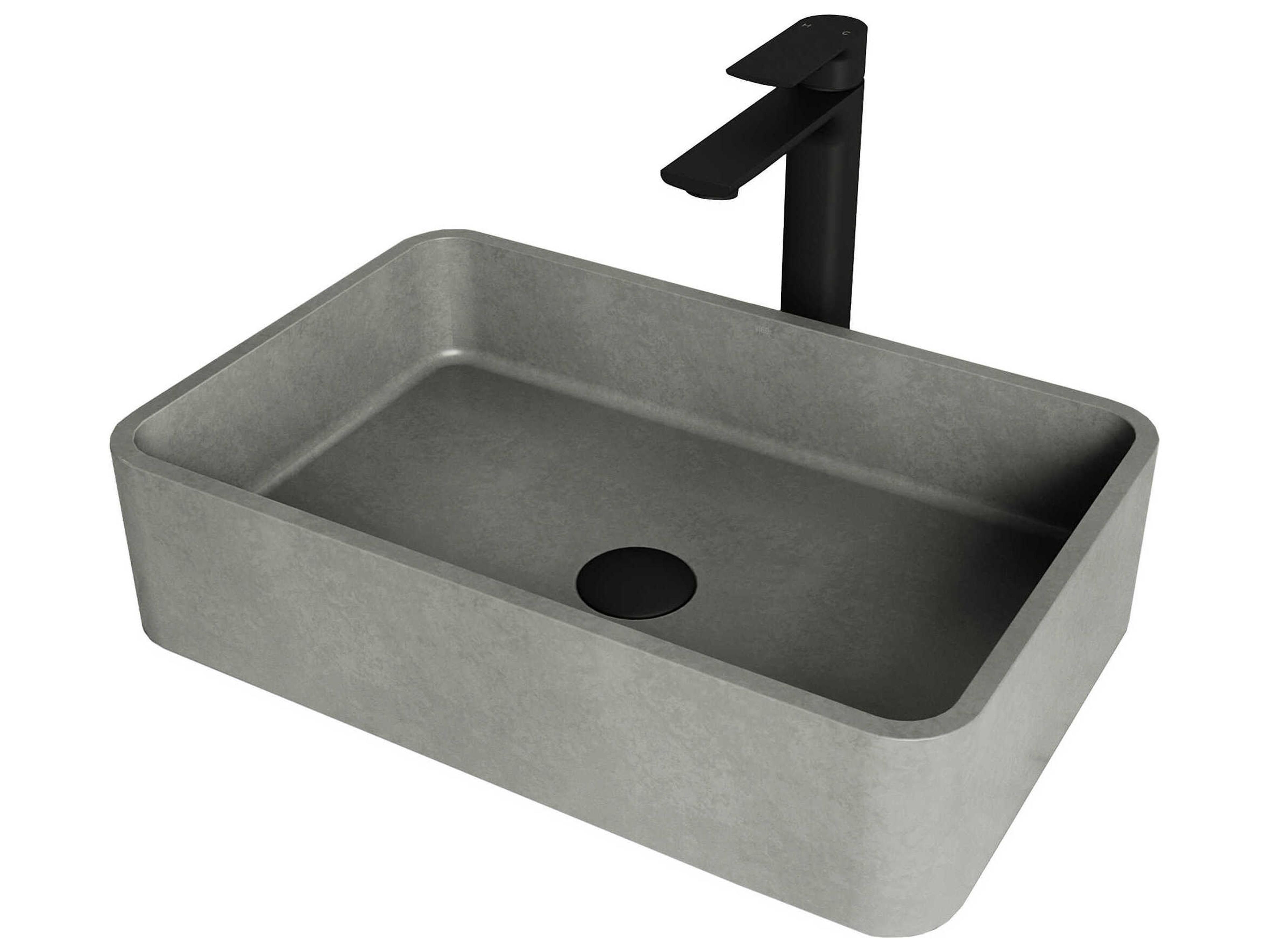 Concreto Stone Rectangular Vessel Bathroom Sink with Norfolk Faucet and Pop-Up Drain