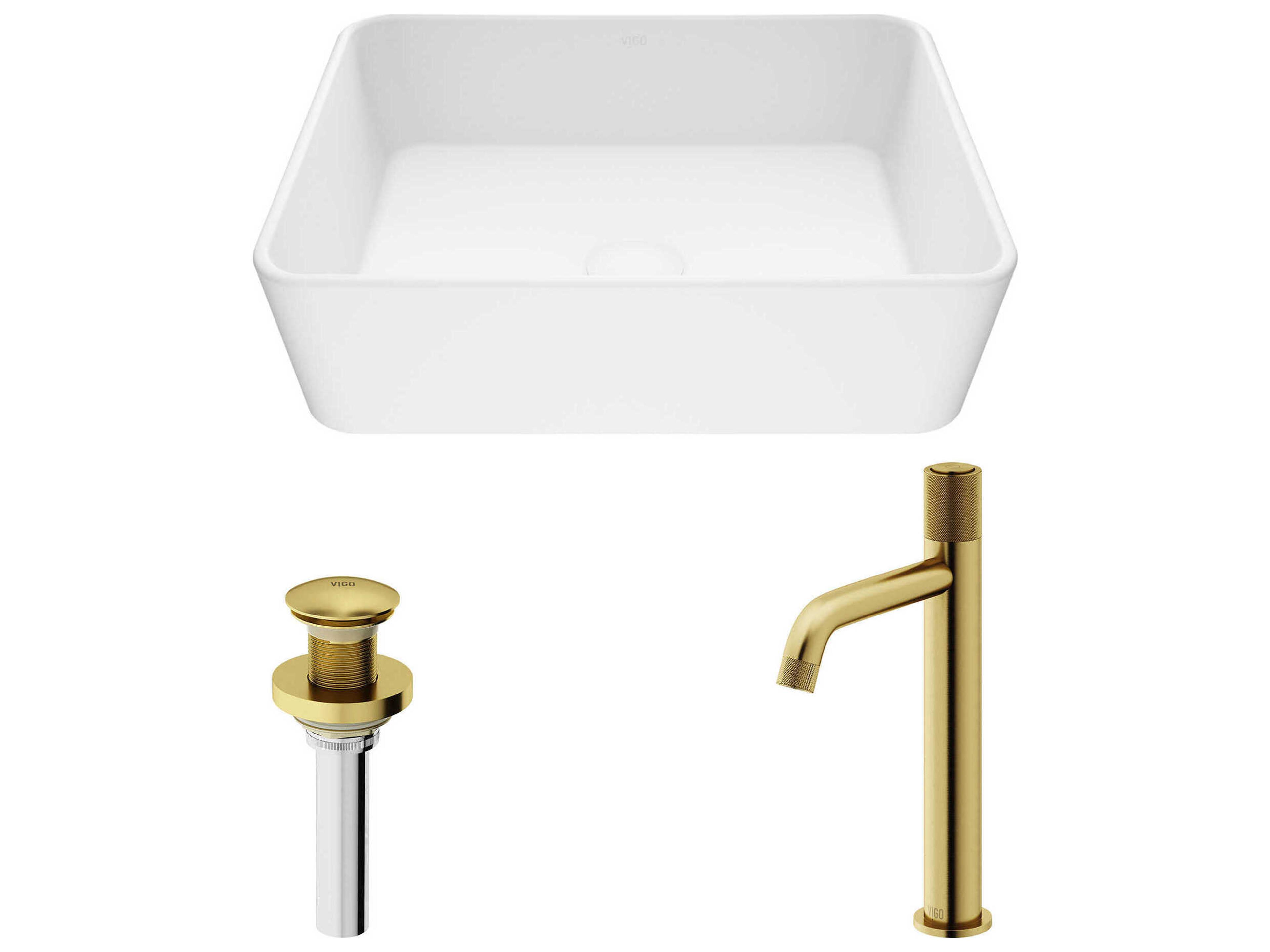 Vigo Marigold Rectangular Vessel Bathroom Sink with Faucet and Pop-Up Drain in Matte Gold