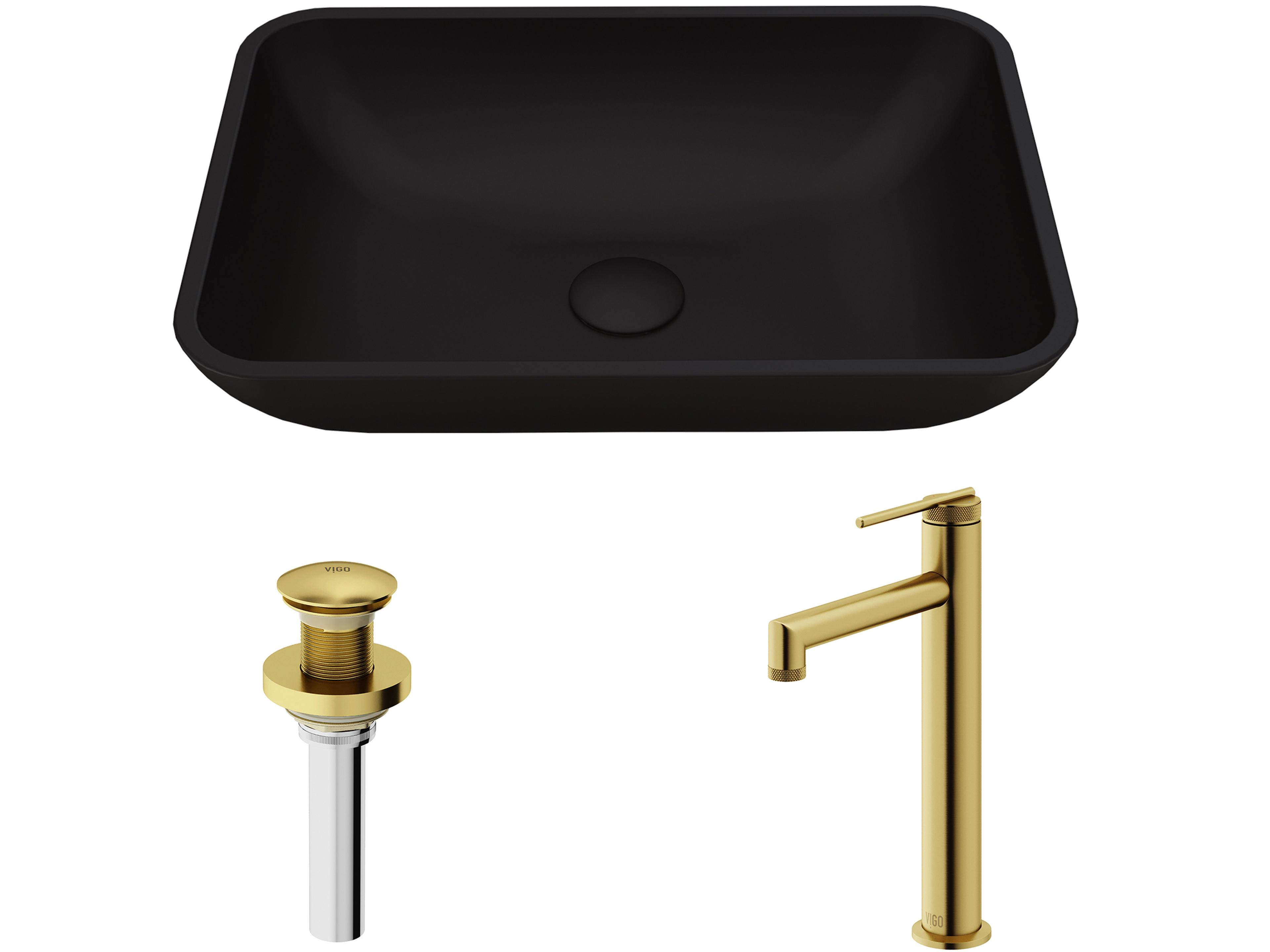 Vigo Sottile Black Glass Vessel Bathroom Sink - Pop-Up Drain in Matte Gold