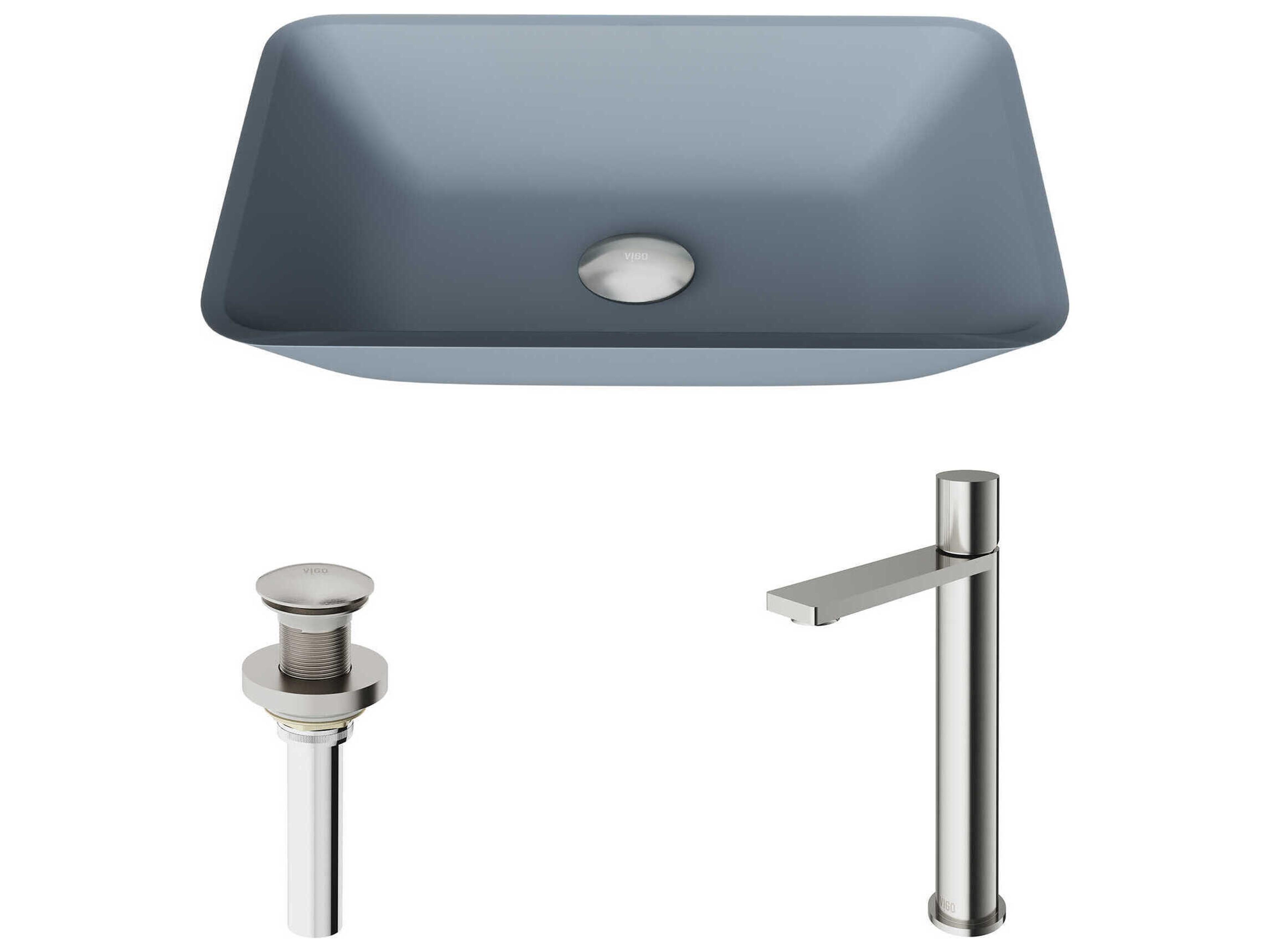 Vigo Sottile Glass Rectangular Vessel Bathroom Sink with Gotham Faucet and Pop-up Drain