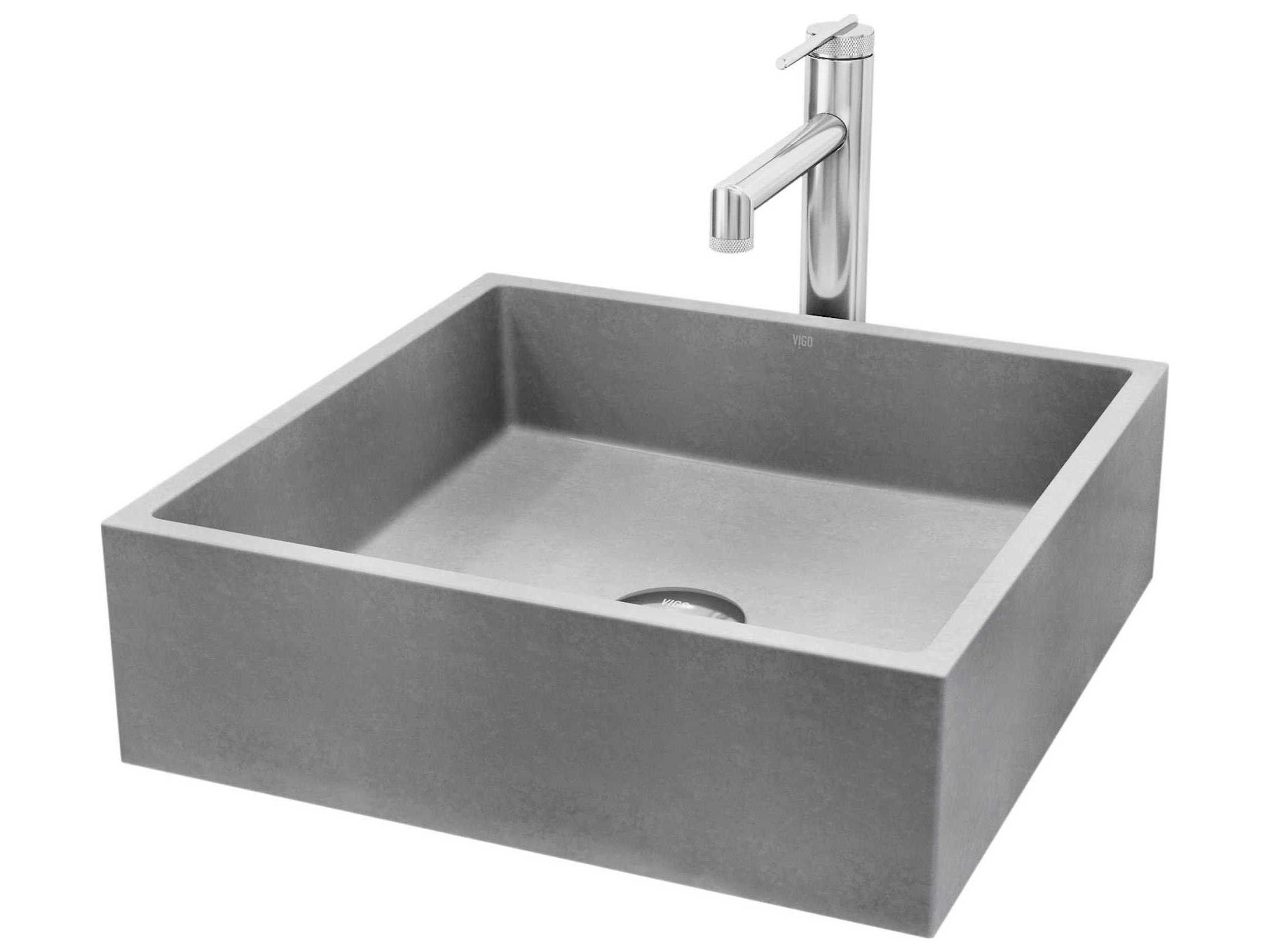 Vigo Alhambra Square Bathroom Vessel Sink with Sterling Faucet and Pop-Up Drain