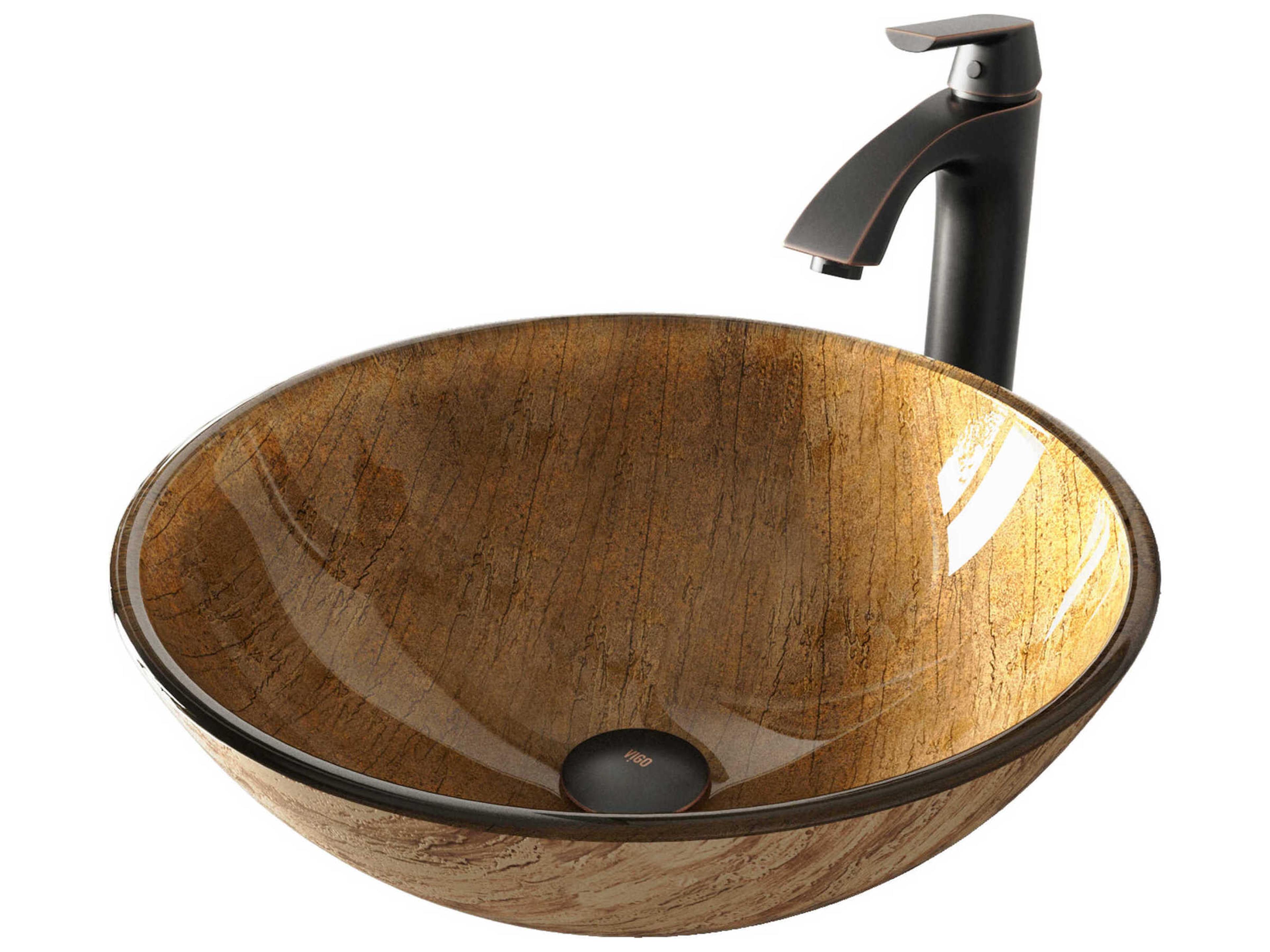 Vigo Amber Sunset Wooden Brown 17" Round Vessel Bathroom Sink with Antique Rubbed Bronze 1-Lever Linus Faucet and Drain