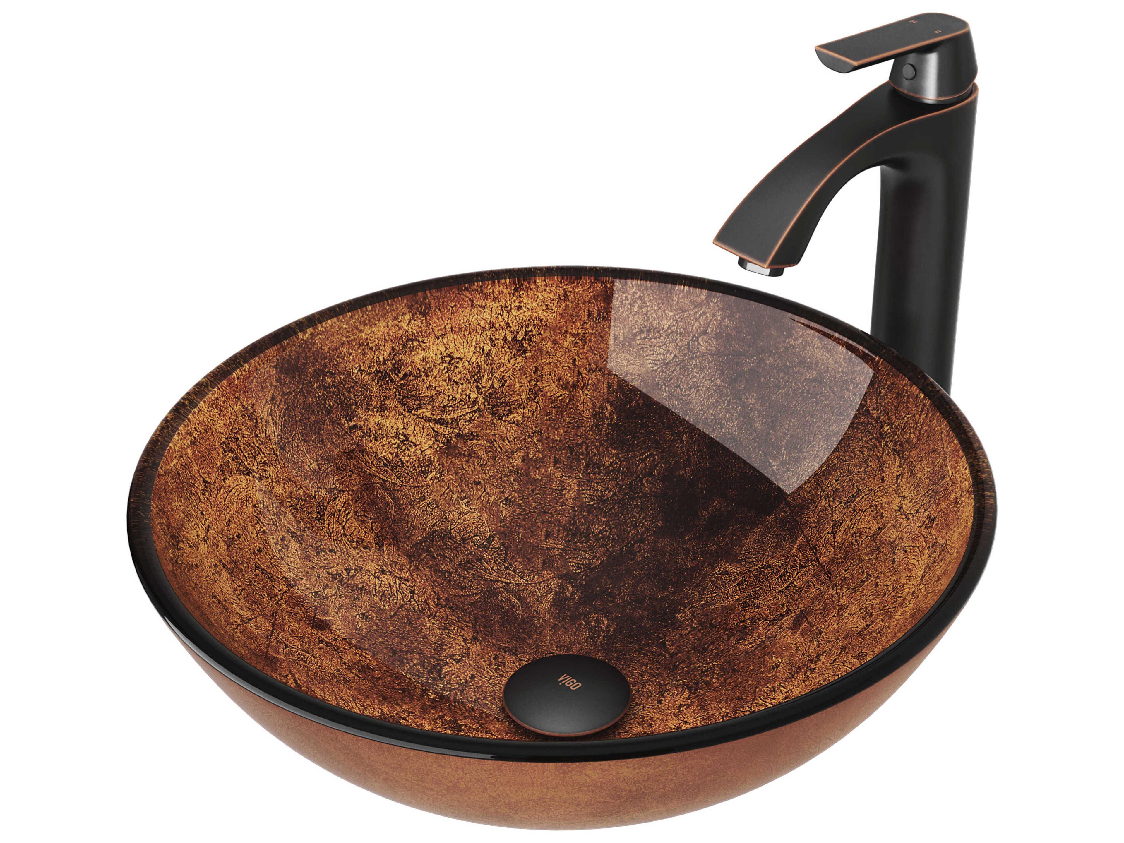 Vigo Russet Round Vessel Bathroom Sink with Linus Faucet and Pop-Up Drain