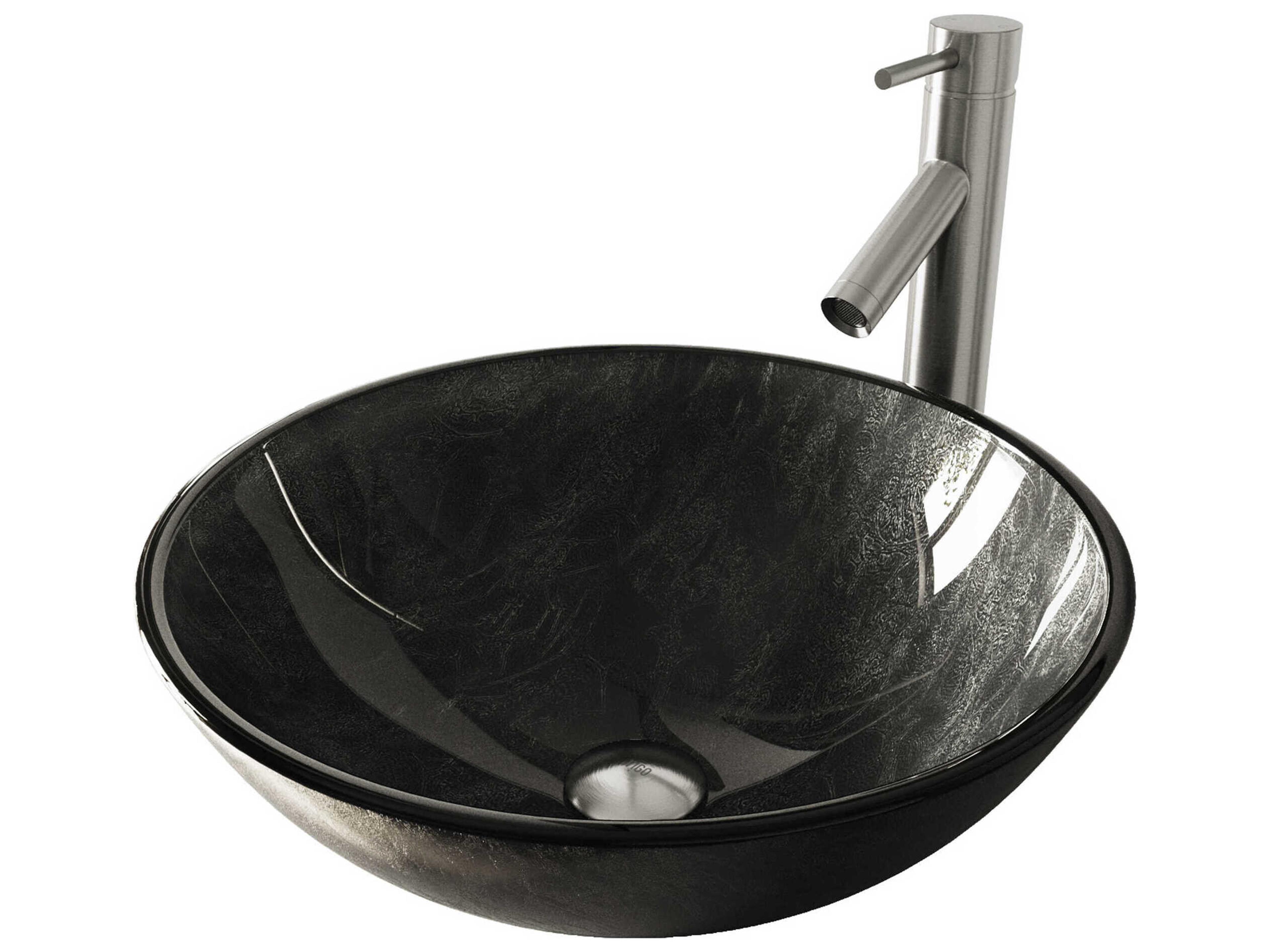 Vigo Onyx Gray 17" Round Vessel Bathroom Sink with Brushed Nickel 1-Lever Dior Faucet and Drain