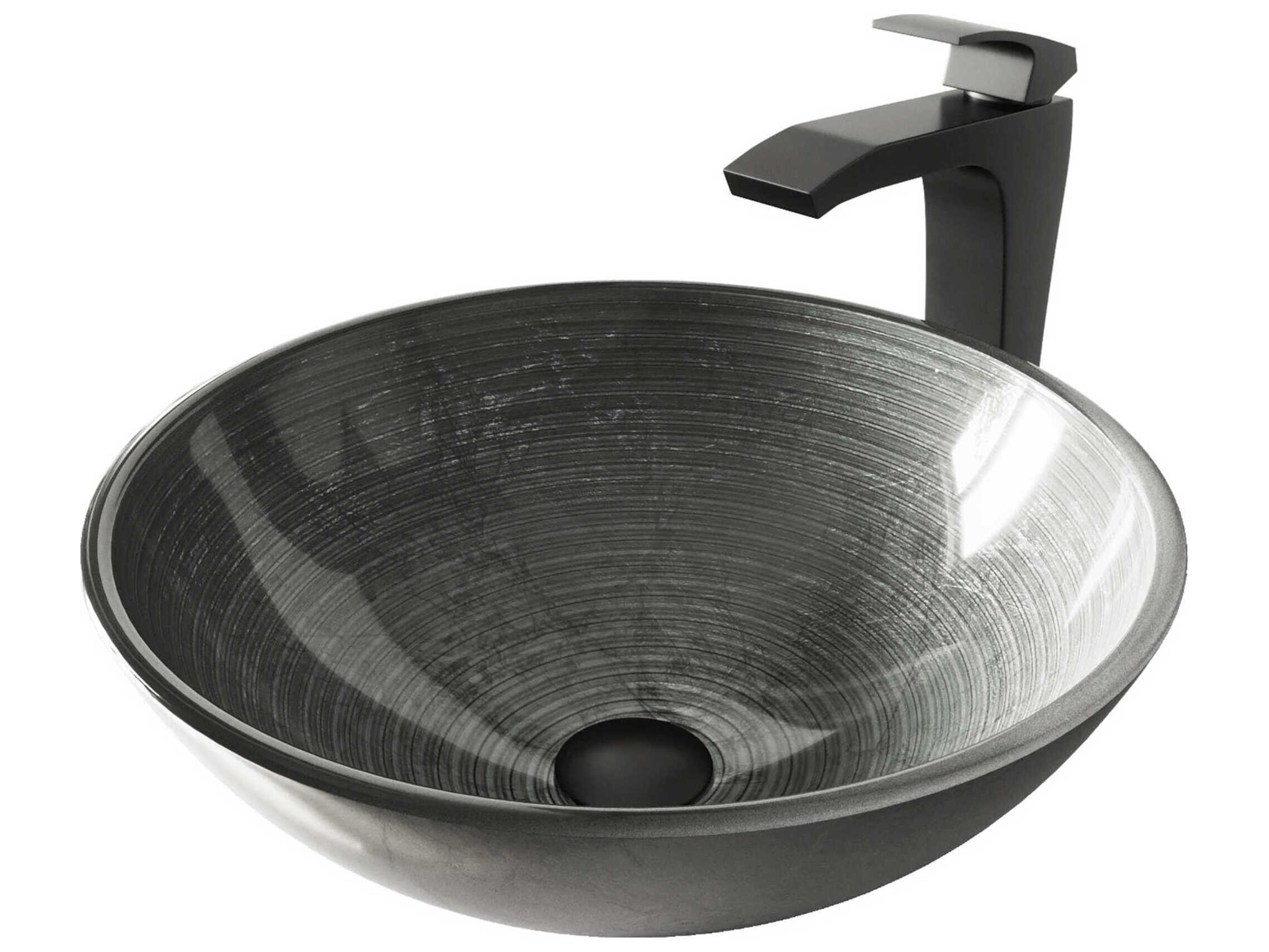 Vigo Simply Silver 17" Round Vessel Bathroom Sink with Matte Black 1-Lever Blackstonian Faucet and Drain