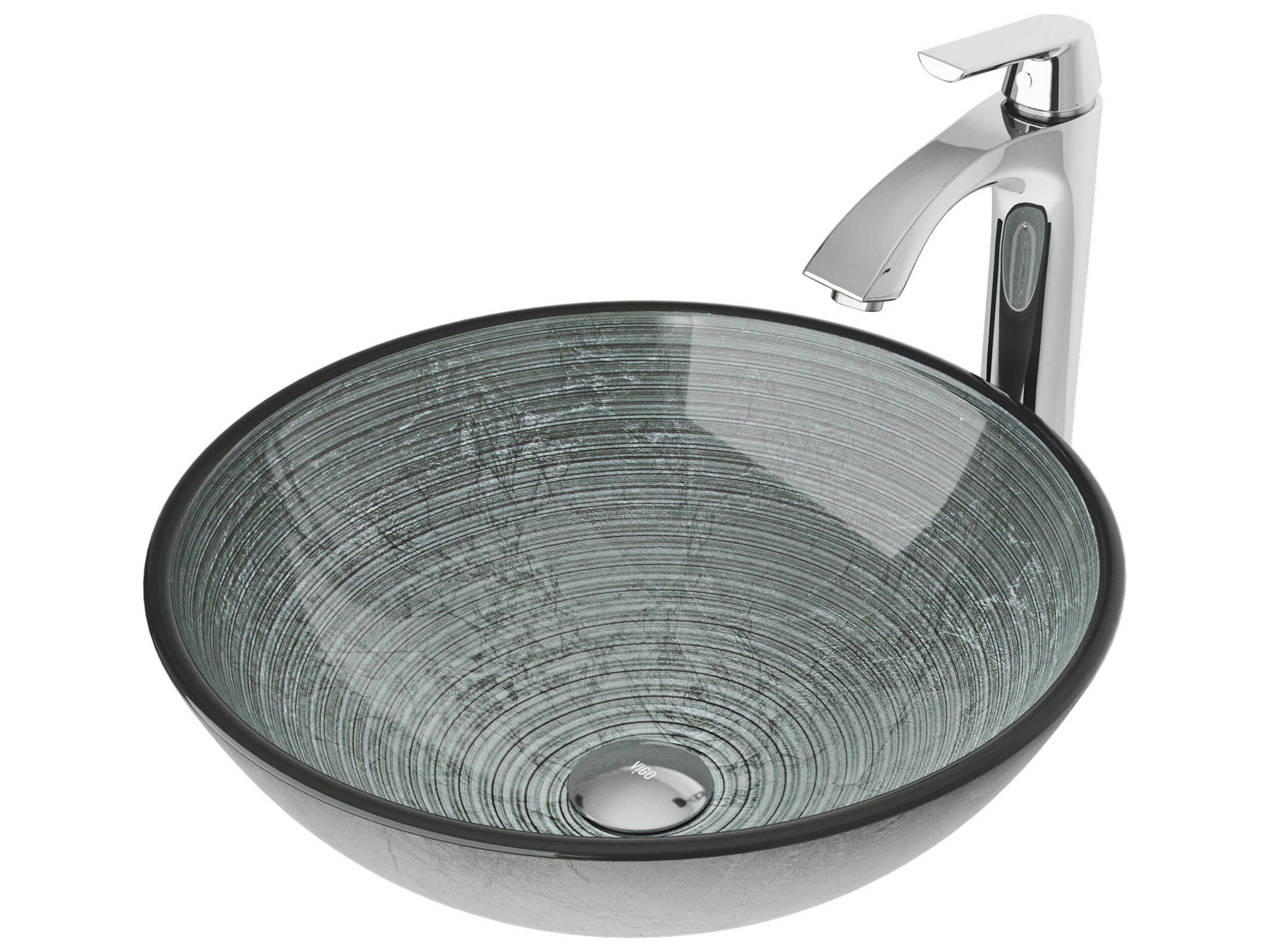 Vigo Simply Silver 17" Round Vessel Bathroom Sink with Chrome 1-Lever Linus Faucet and Drain