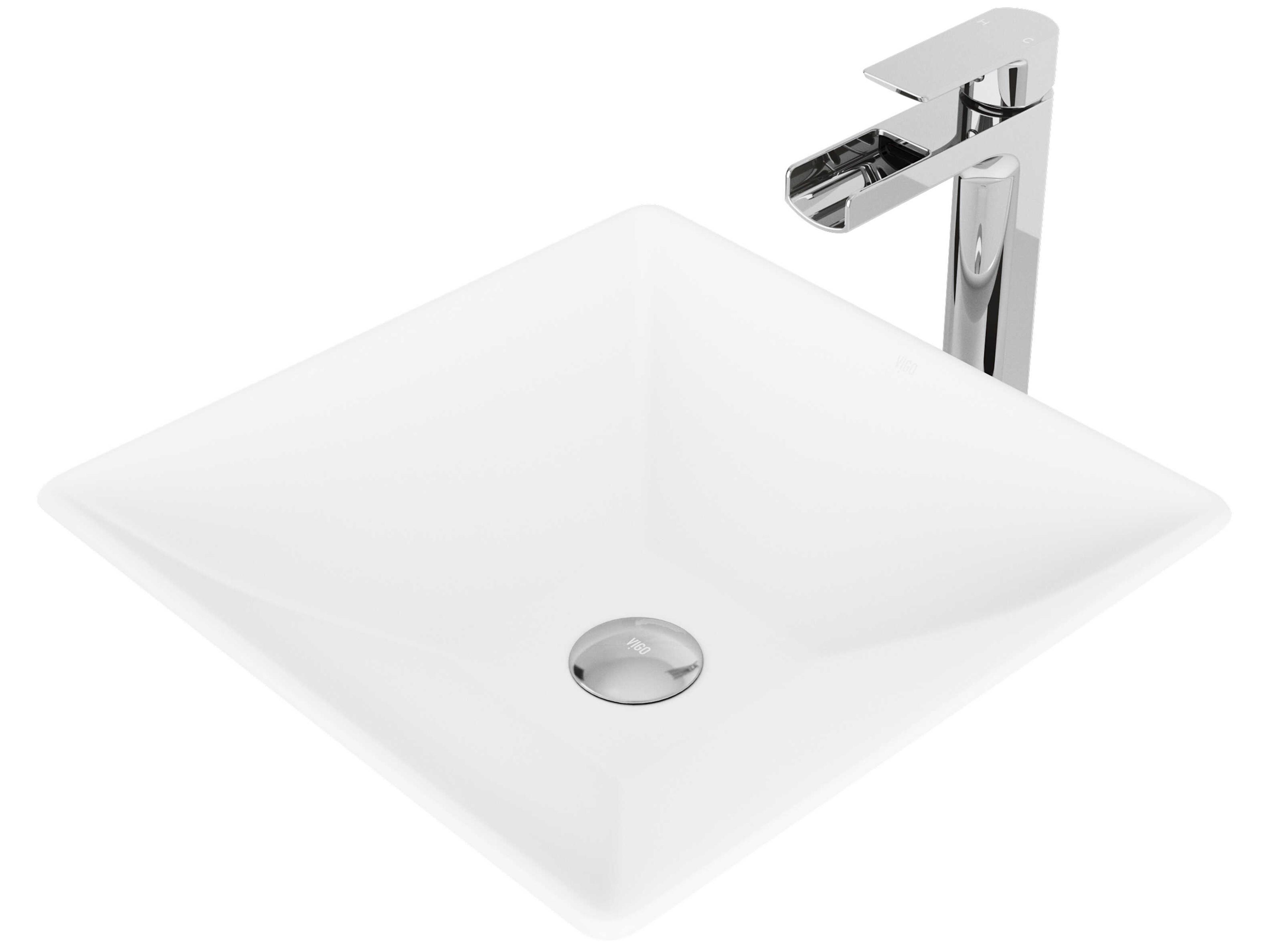Vigo Hibiscus Matte White 16" Square Vessel Bathroom Sink with Chrome 1-Lever Amada Faucet and Drain