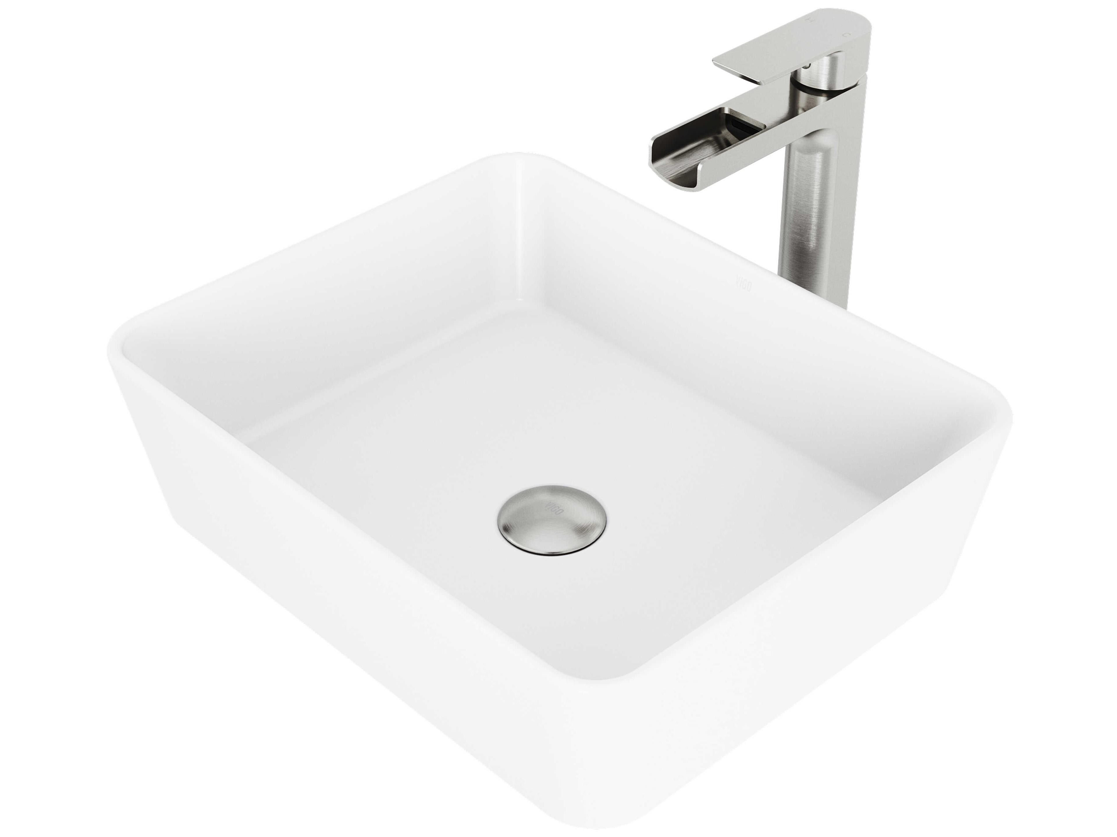Marigold Matte White 18" Rectangular Vessel Bathroom Sink with Brushed Nickel 1-Lever Amada Faucet and Drain
