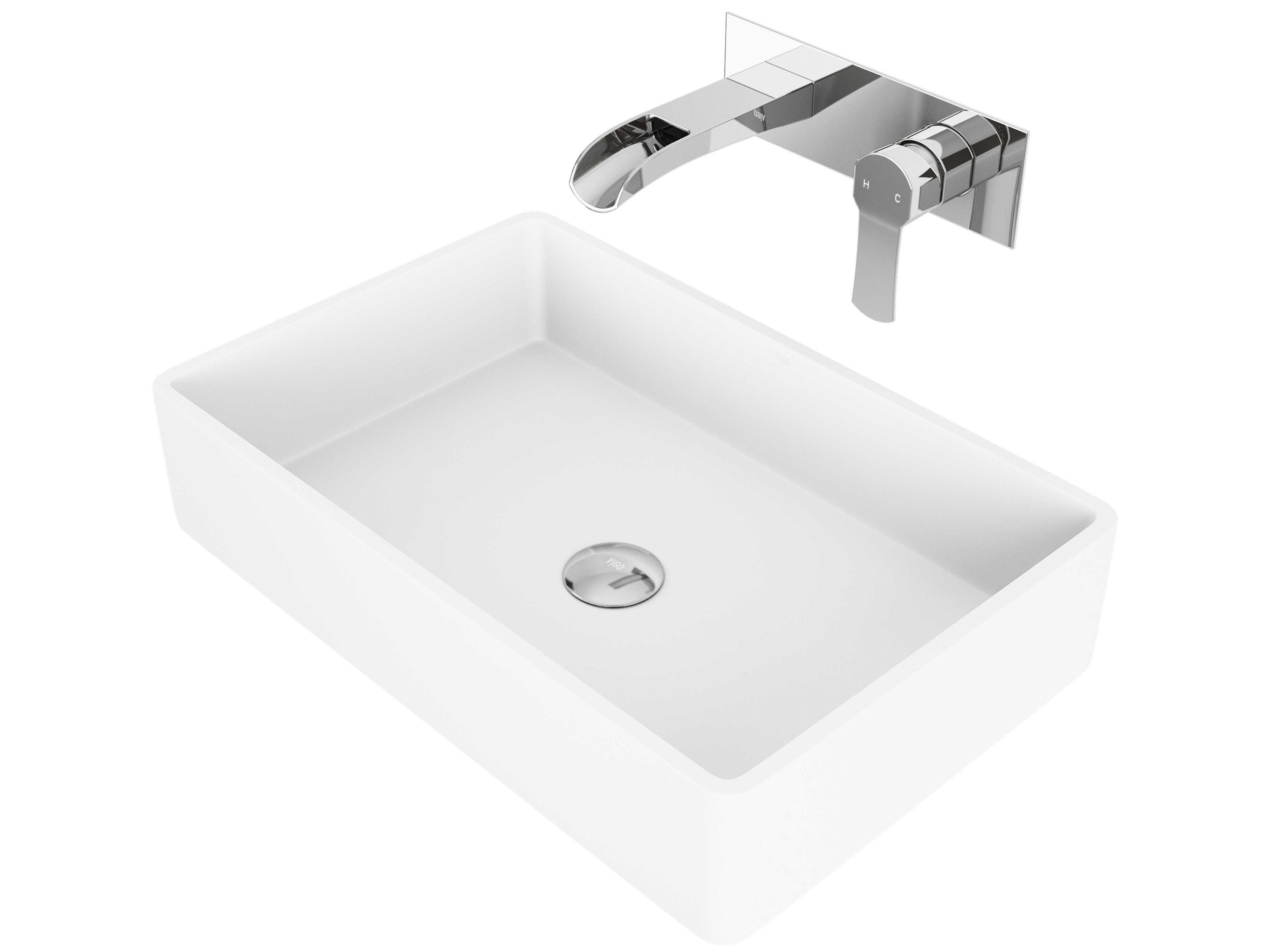 Vigo Magnolia Matte White 21" Rectangular Vessel Bathroom Sink with Chrome Single-Lever Cornelius Wall-Mount Faucet and Drain