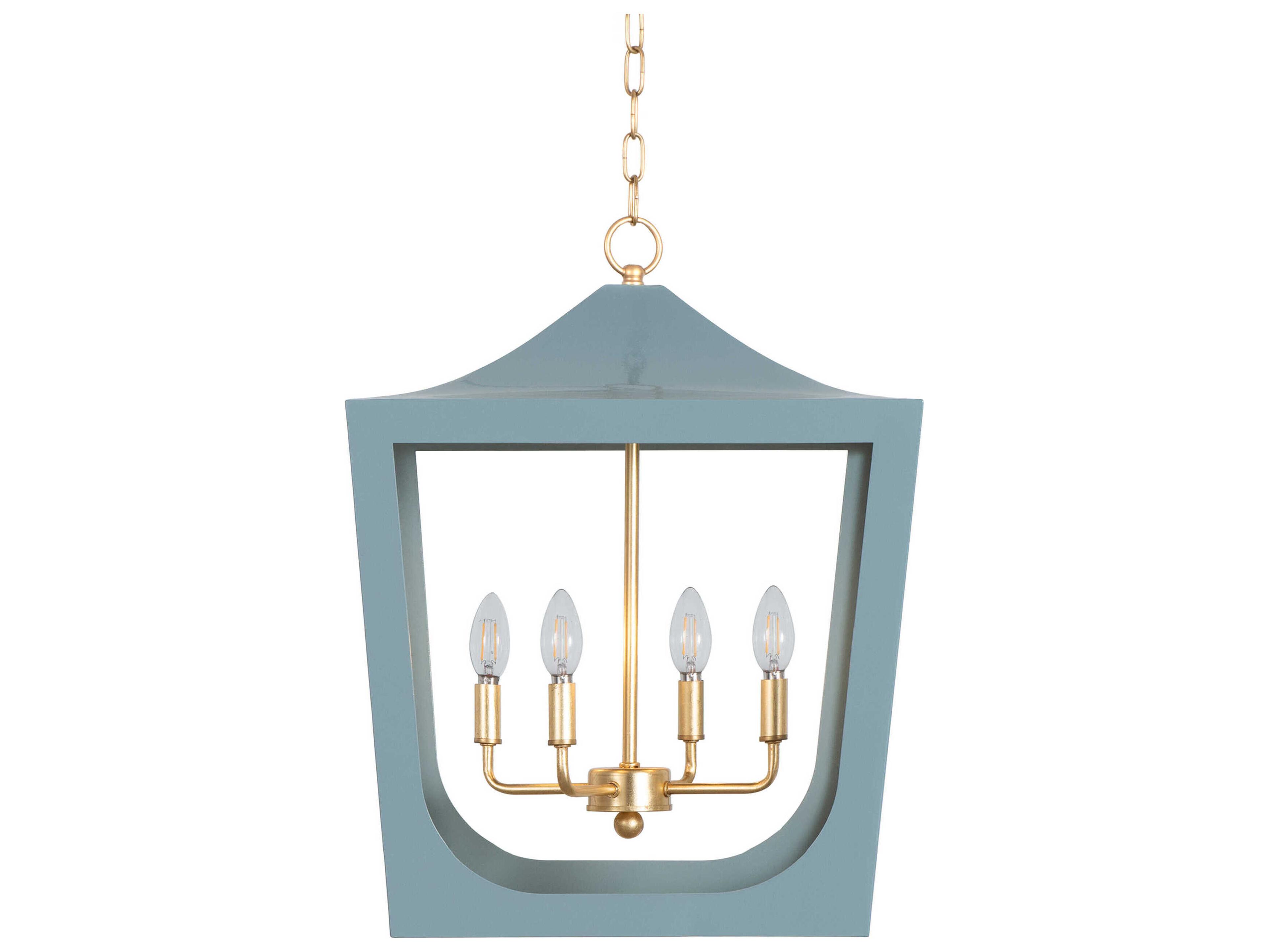 Worlds Away 4-Light Light Blue Powder Coat Gold Leaf Candelabra Lantern Chandelier