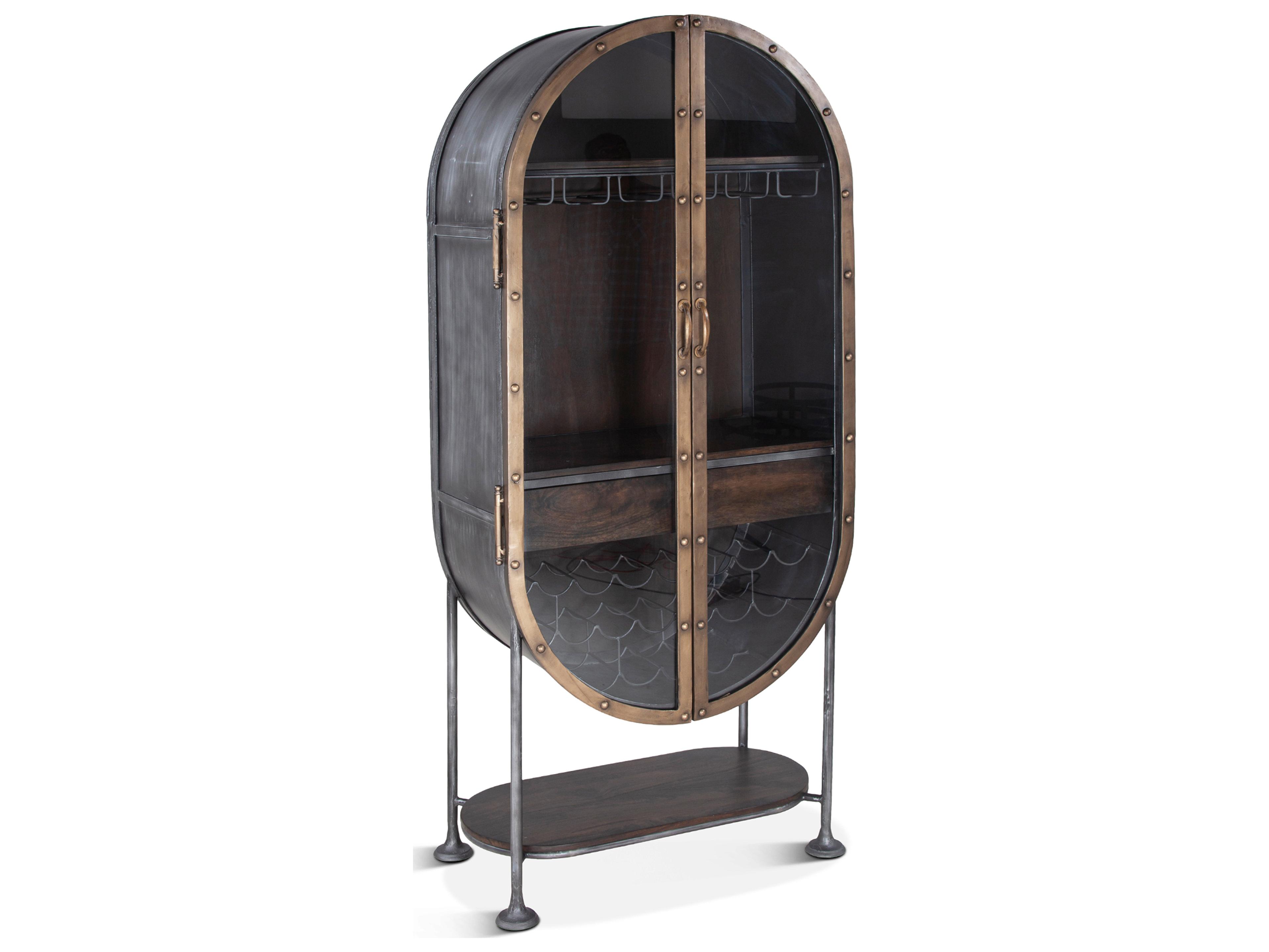 World Interiors Melbourne Acacia Wood Antique Silver Brushed Bronze Bar Cabinet