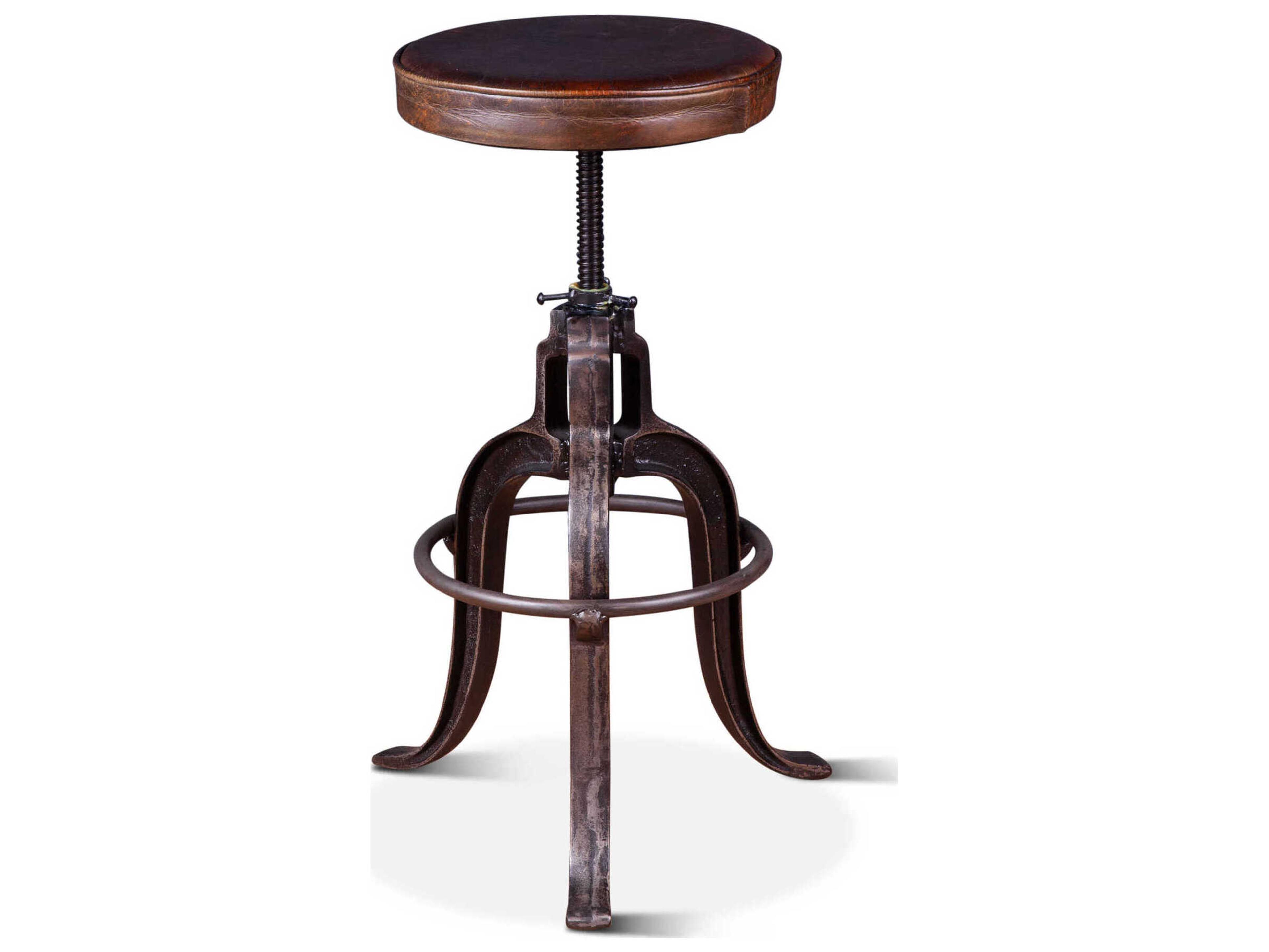 World Interiors Sterling Leather Adjustable Upholstered Bar Stool Counter Vintage Dark Brown Antique Bronze