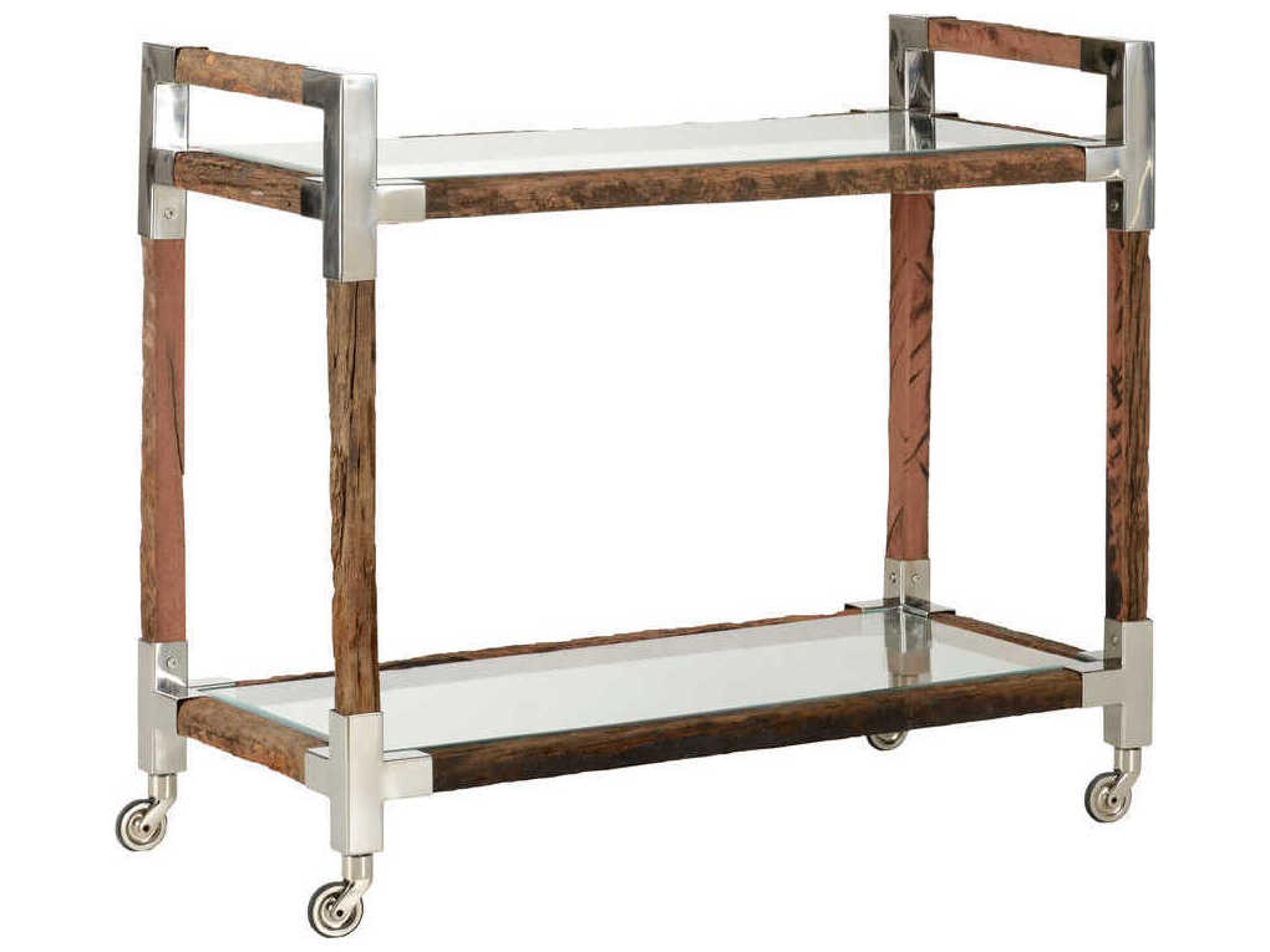 Wildwood Rustic Glass Brown Rough Wood Polished Nickel Bar Cart