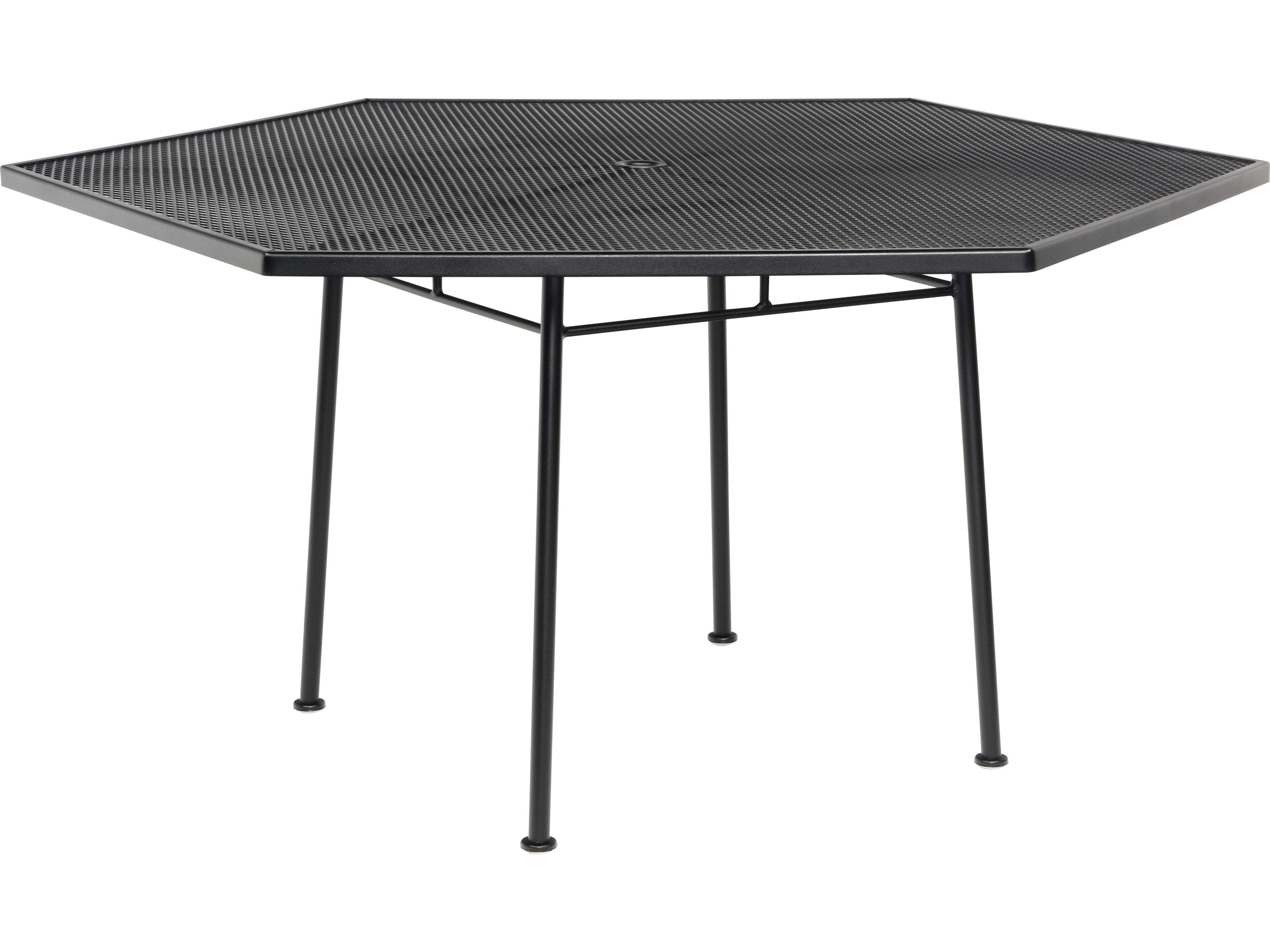 Woodard Wrought Iron Mesh Hexagon Outdoor Patio Dining Table with Umbrella Hole