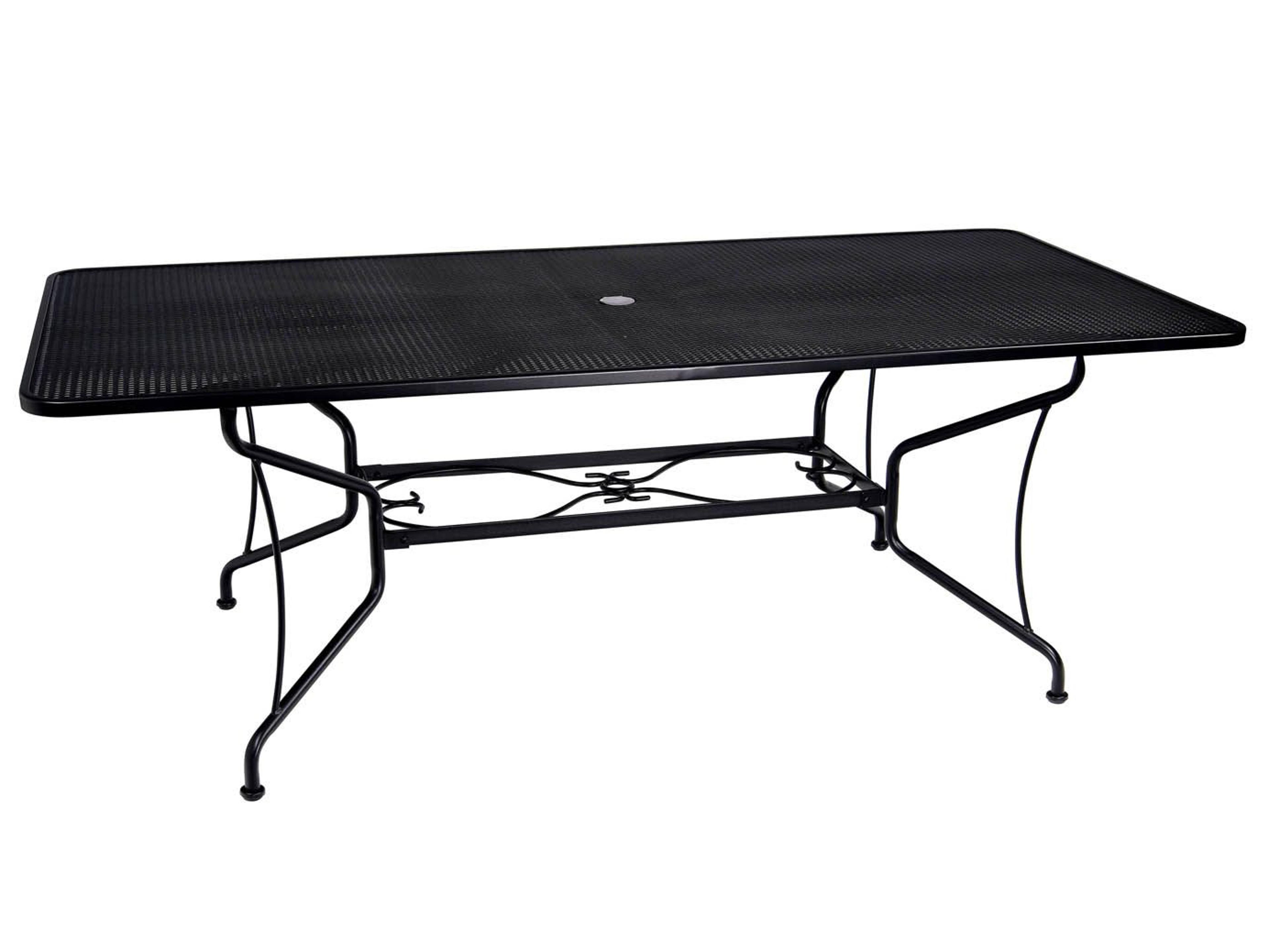 Woodard Wrought Iron Mesh Rectangular 8-Spoke Outdoor Dining Table with Umbrella Hole