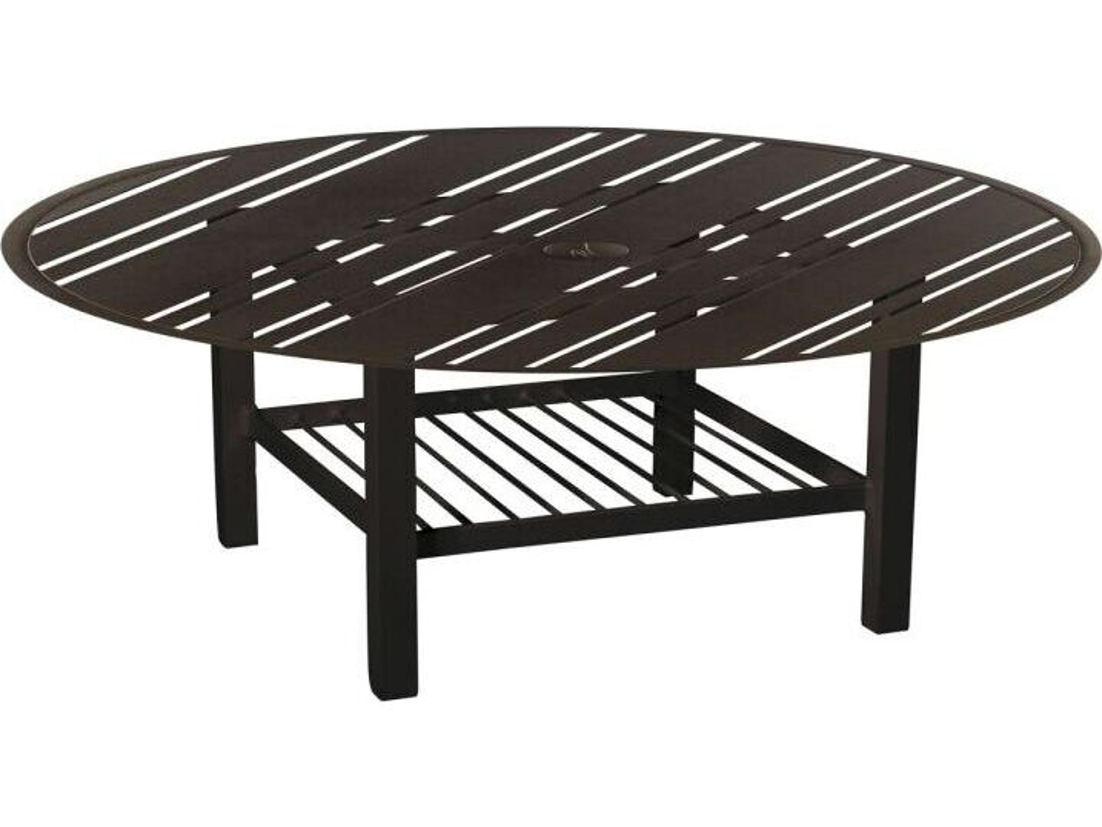 Woodard Tri-Slat Aluminum Round Outdoor Coffee Table with Umbrella Hole in Elite Base