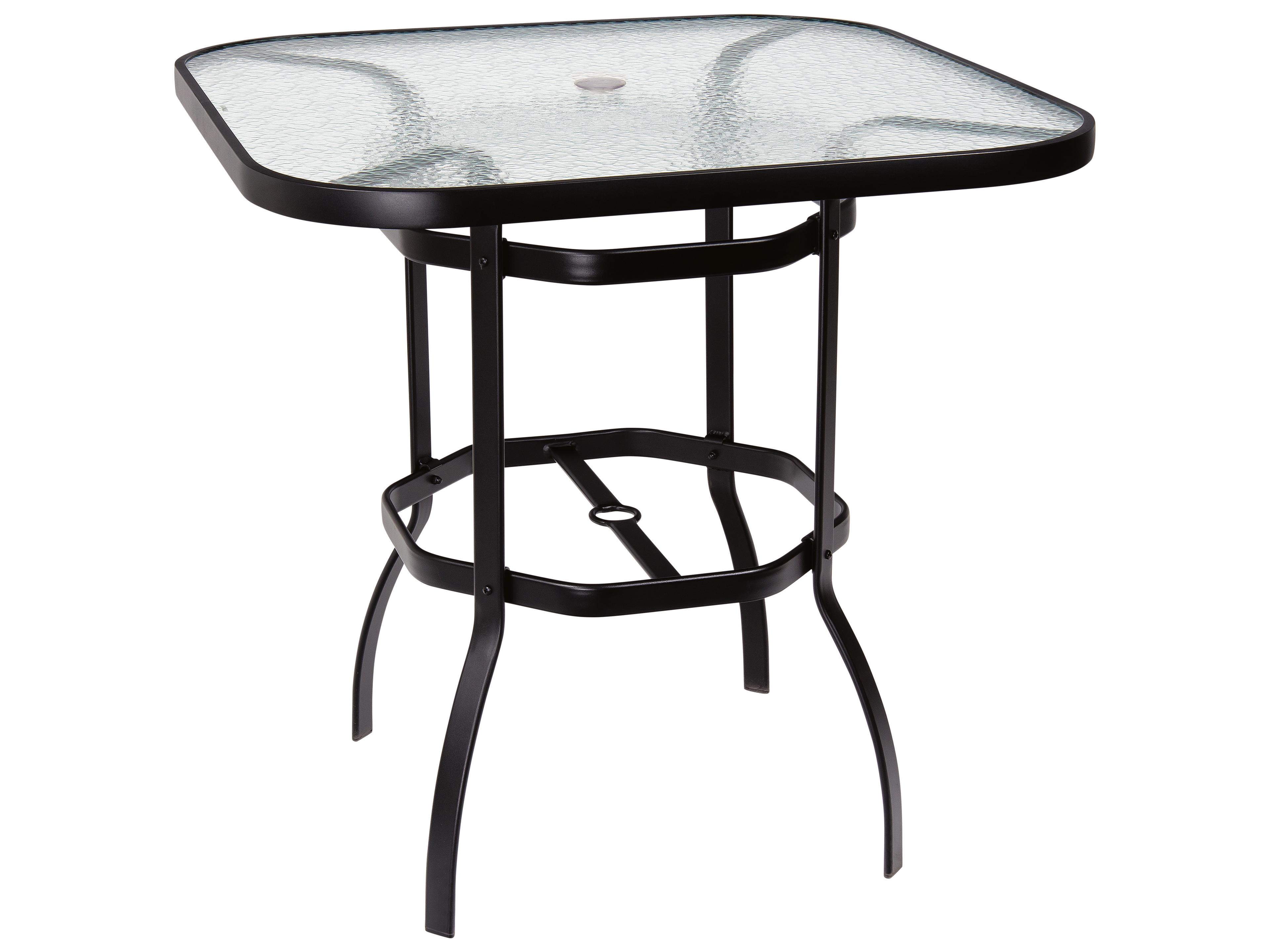 Woodard Aluminum Deluxe Square Obscure Glass Top Outdoor Bar Height Table with Umbrella Hole