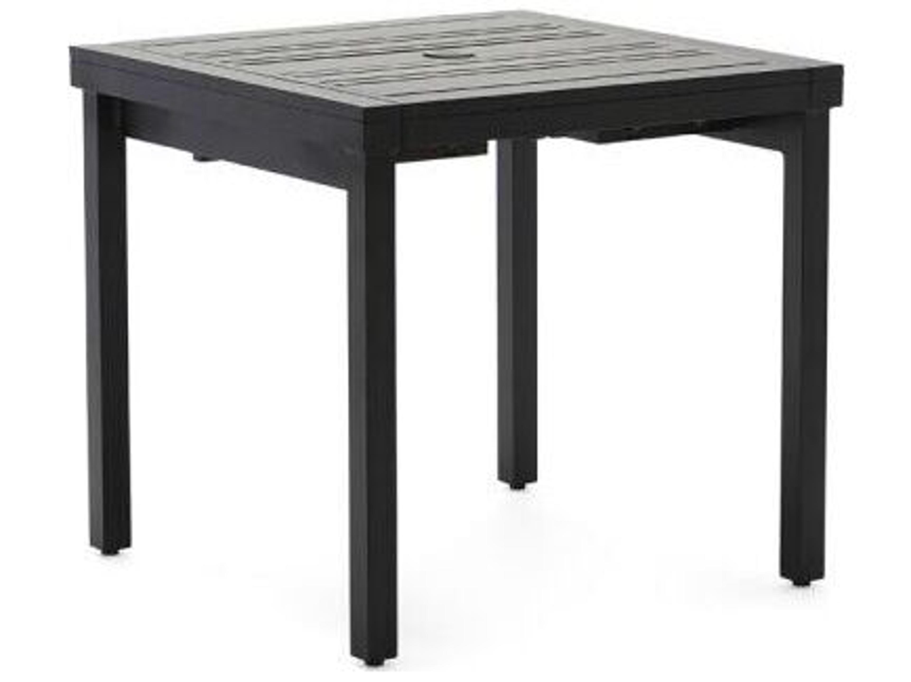 Woodard Tri-Slat Aluminum Square Small Extendable Outdoor Patio Dining Table with Umbrella Hole in Elite Base