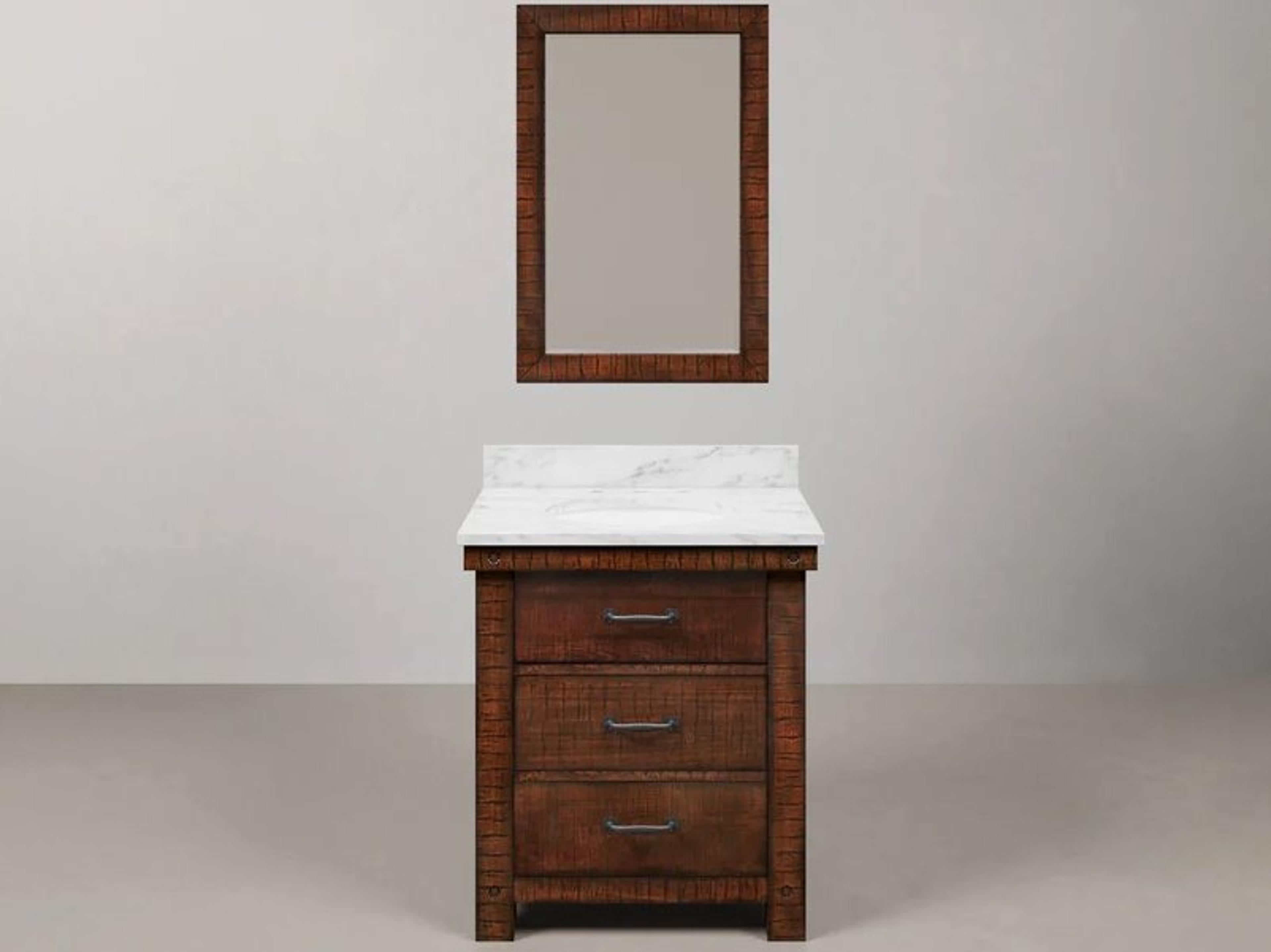 Water Creation Aberdeen Vanity Single Sink Carrara White Marble Countertop Bath Vanity in Rustic Sienna with Rectangular Mirror (S)