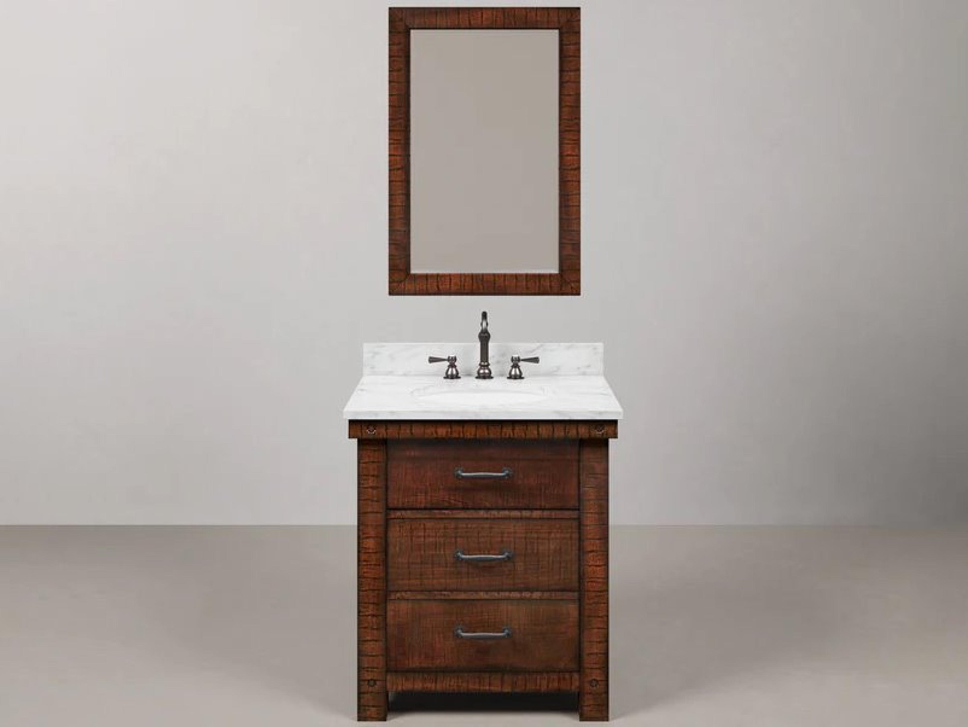 Water Creation Aberdeen Single Sink Carrara White Marble Countertop Bath Vanity in Rustic Sienna with Oil Rubbed Bronze Hook Faucet and Rectangular Mirror (S)