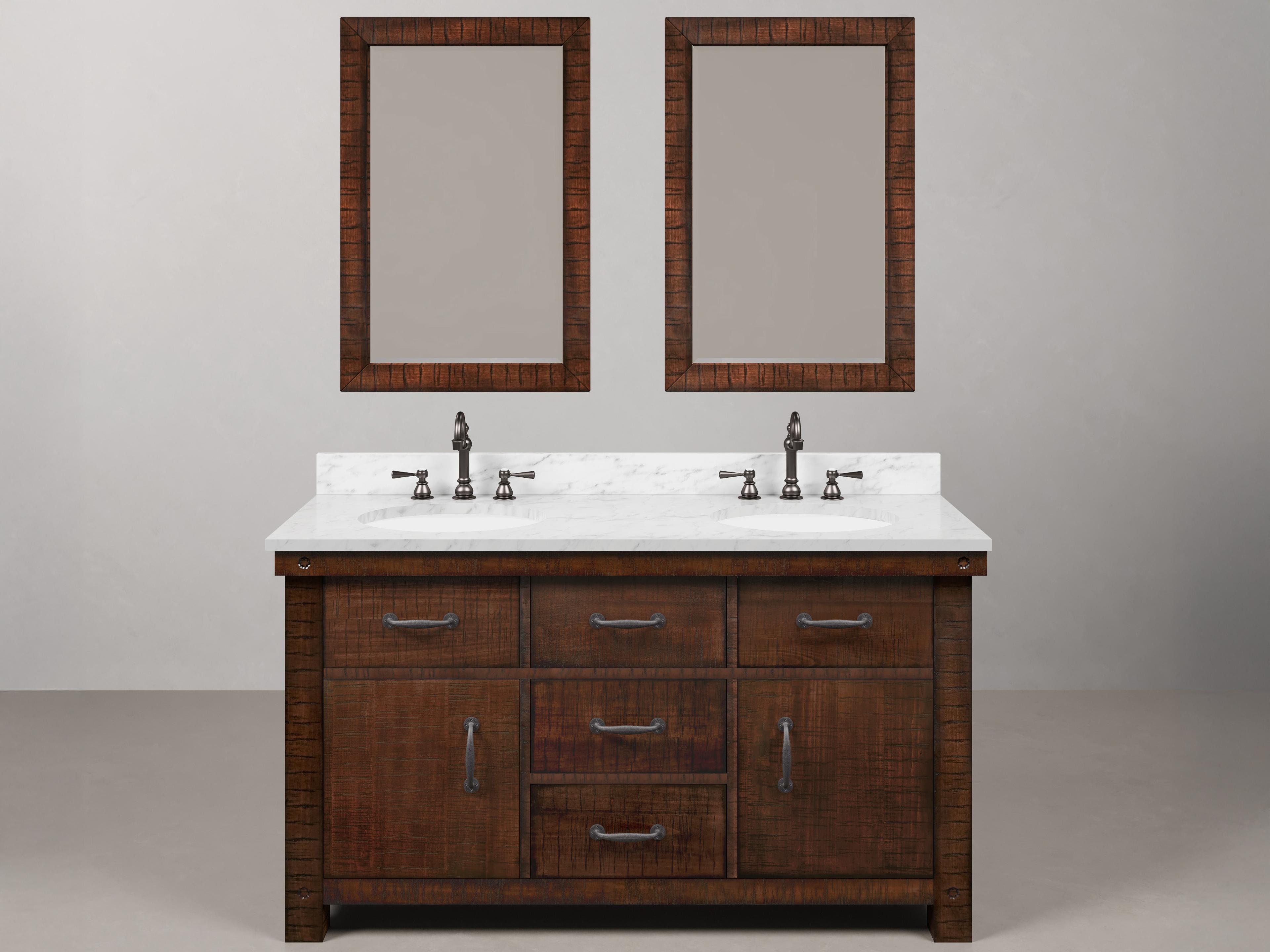 Water Creation Aberdeen White Marble Countertop Bath Vanity in Rustic Sienna with Oil Rubbed Bronze Hook Faucets and Rectangular Mirrors (S)