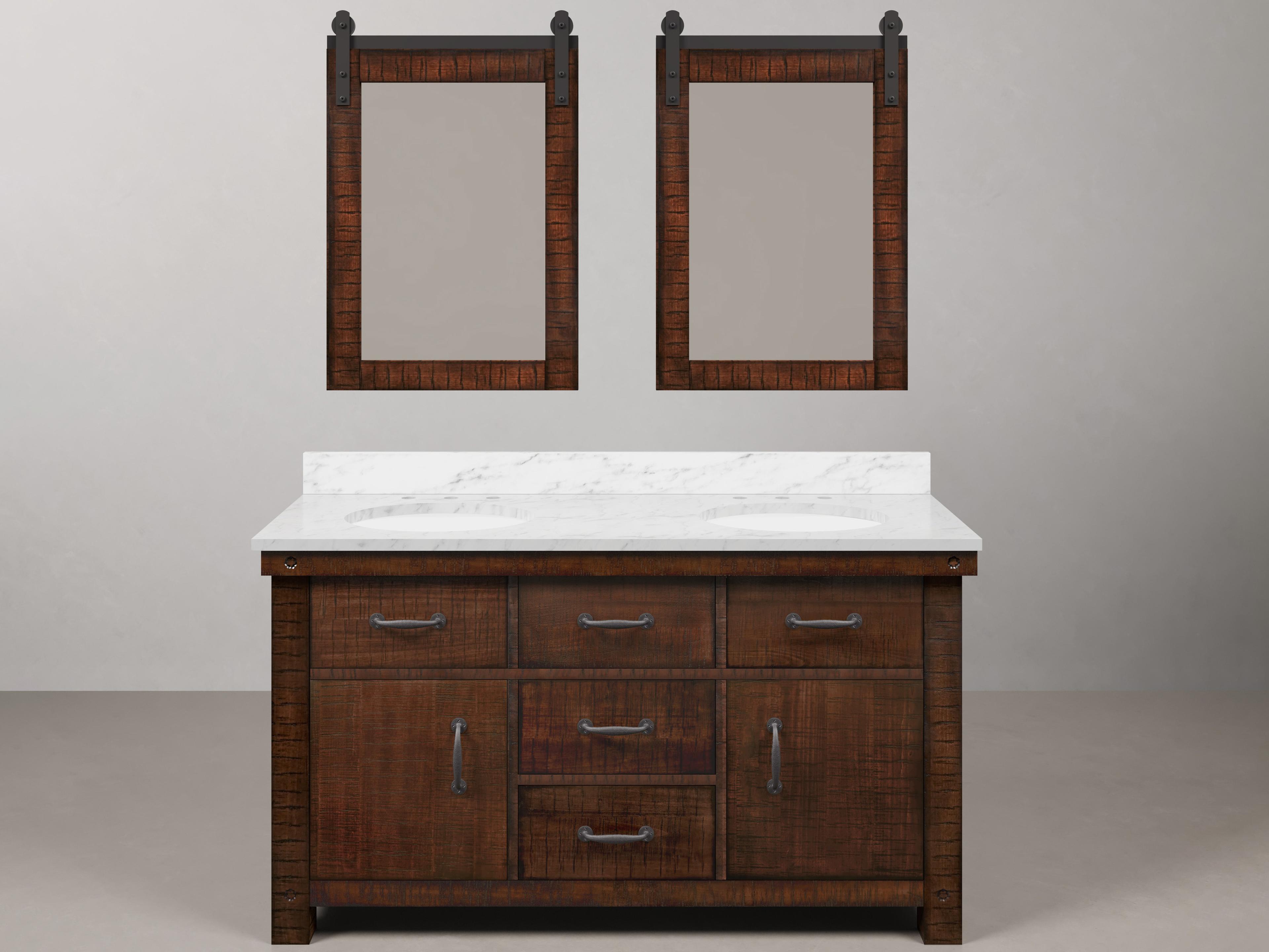 Water Creation Aberdeen  White Marble Countertop Bath Vanity in Rustic Sienna with Barn Door Style Mirror (S)
