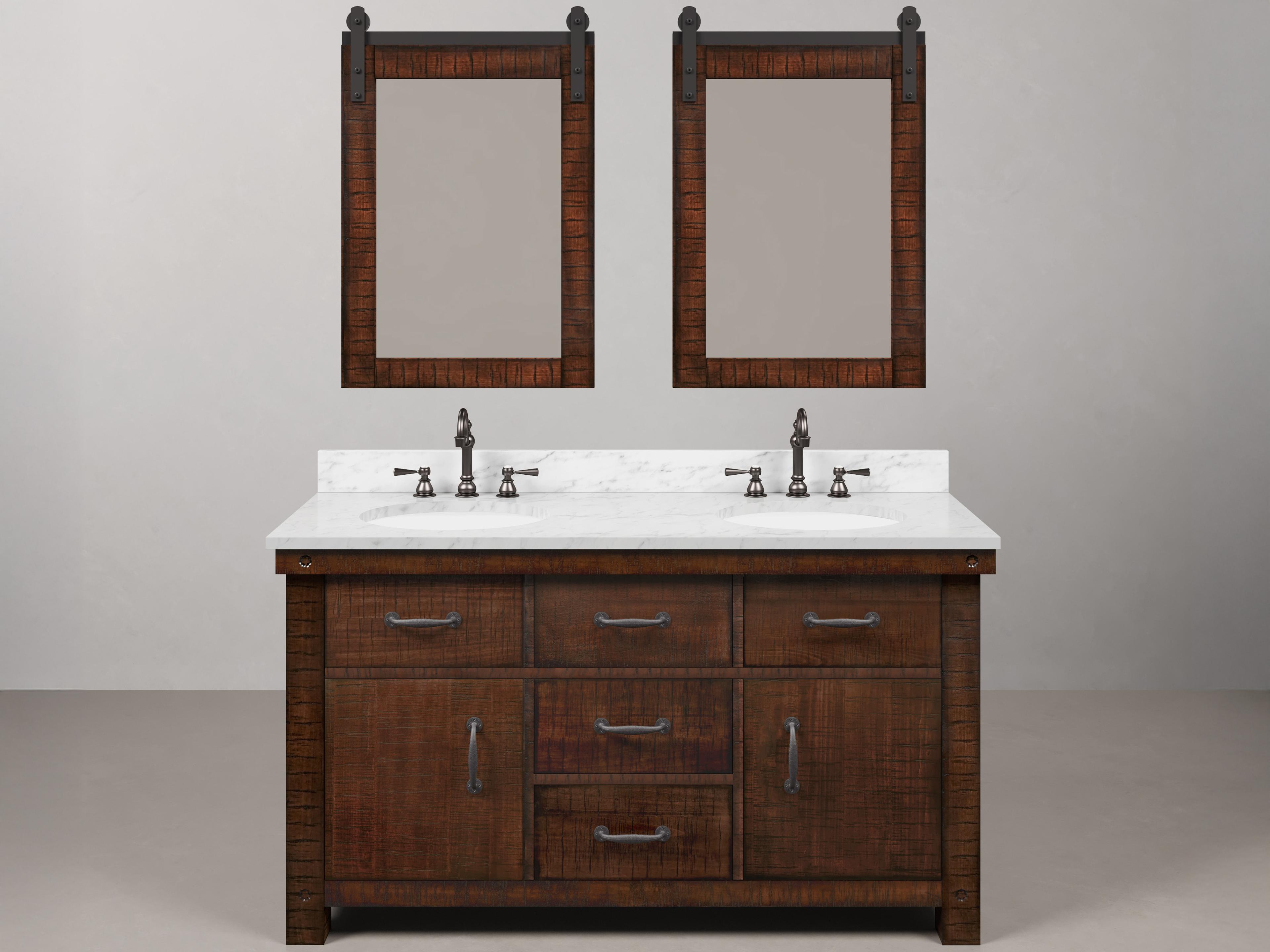 Water Creation Aberdeen White Marble Countertop Bath Vanity in Rustic Sienna with Oil Rubbed Bronze Hook Faucets and Barn Door Style Mirror (S)