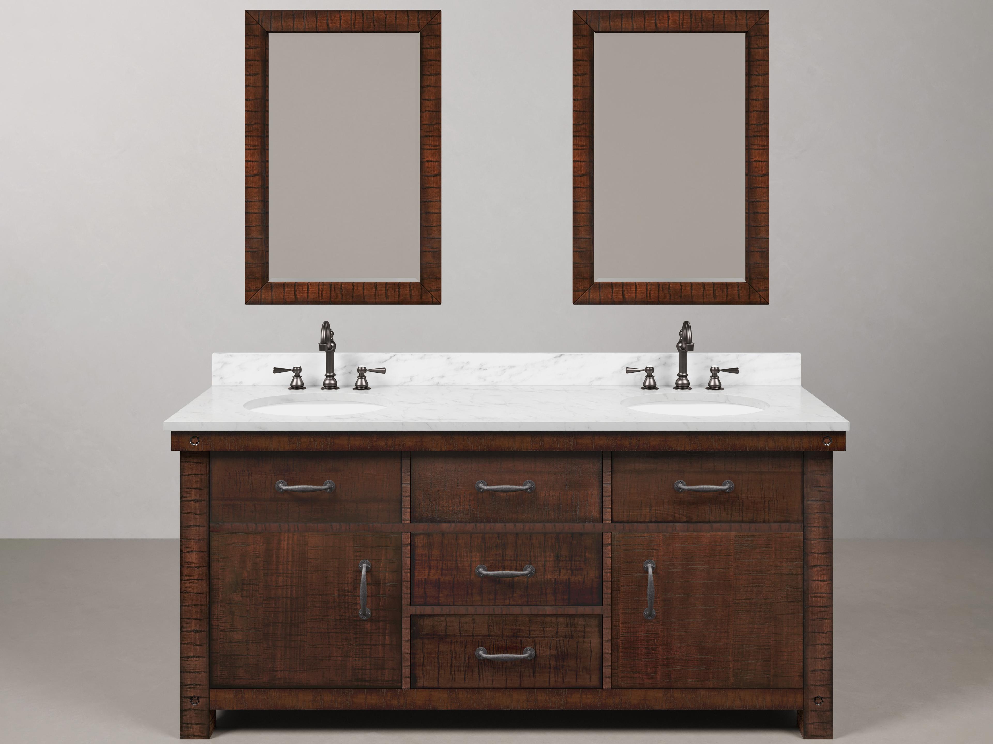 Water Creation Aberdeen White Marble Countertop Bath Vanity in Rustic Sienna with Oil Rubbed Bronze Hook Faucets and Rectangular Mirrors (S)