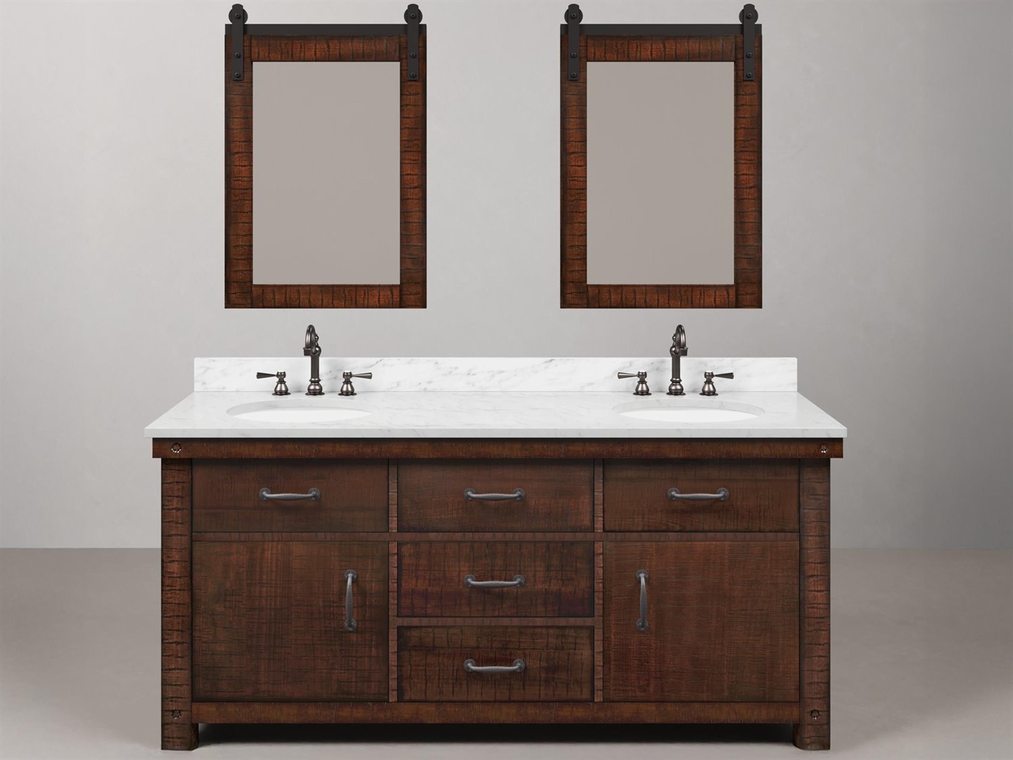 Water Creation Aberdeen White Marble Countertop Bath Vanity in Rustic Sienna with Oil Rubbed Bronze Hook Faucets and Barn Door Style Mirror