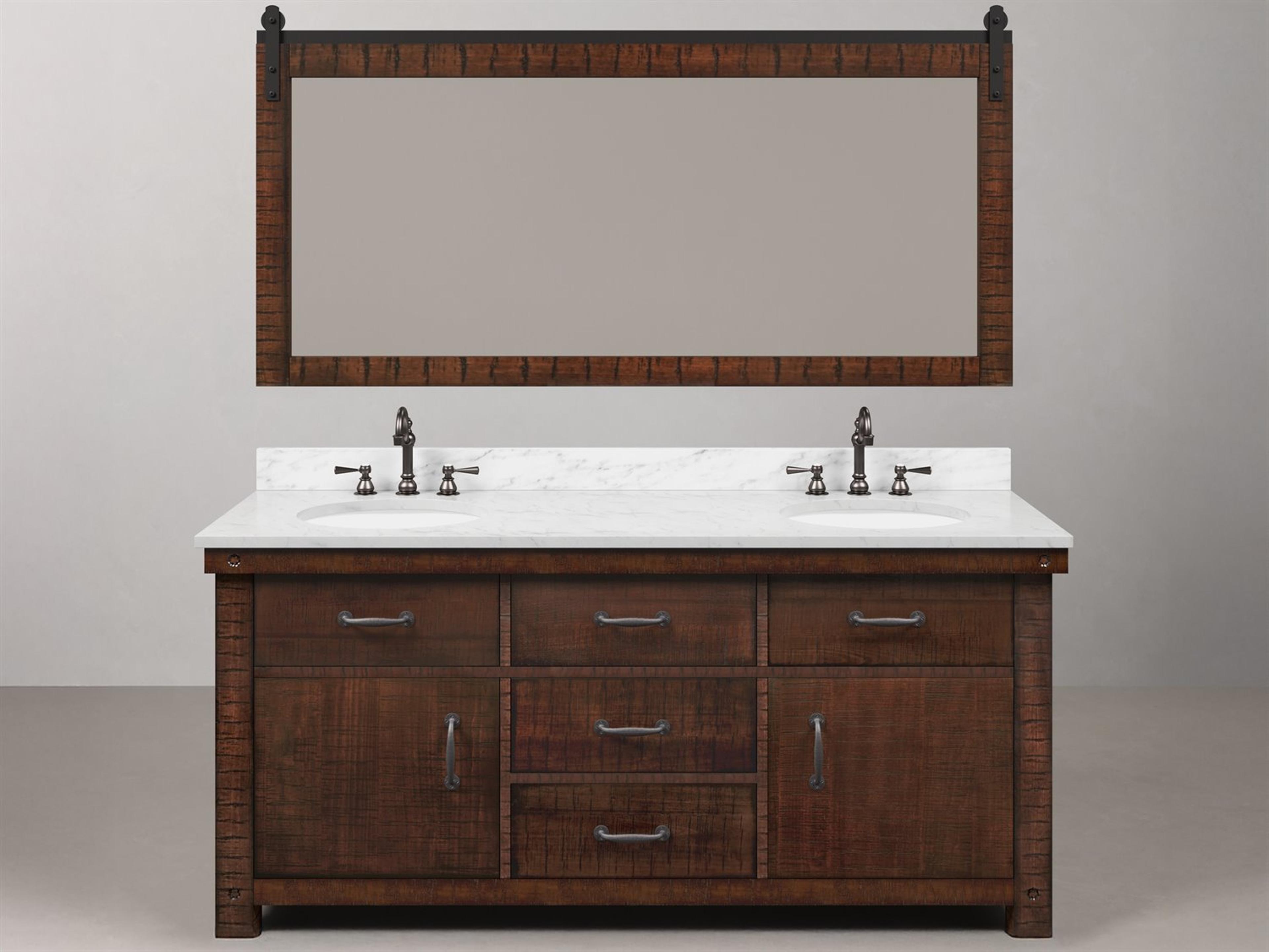 Water Creation Aberdeen White Marble Countertop Bath Vanity in Rustic Sienna with Oil Rubbed Bronze Hook Faucets and Barn Door Style Mirror (L)
